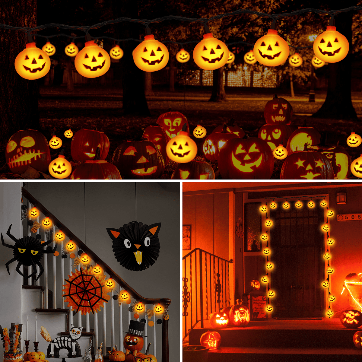Halloween Pumpkin String Lights, 8.5Ft Outdoor Halloween Decorations Lights with 10 Jack-O-Lantern Lights, Hanging Pumpkin String Lights Party Patio Garden Window Decor