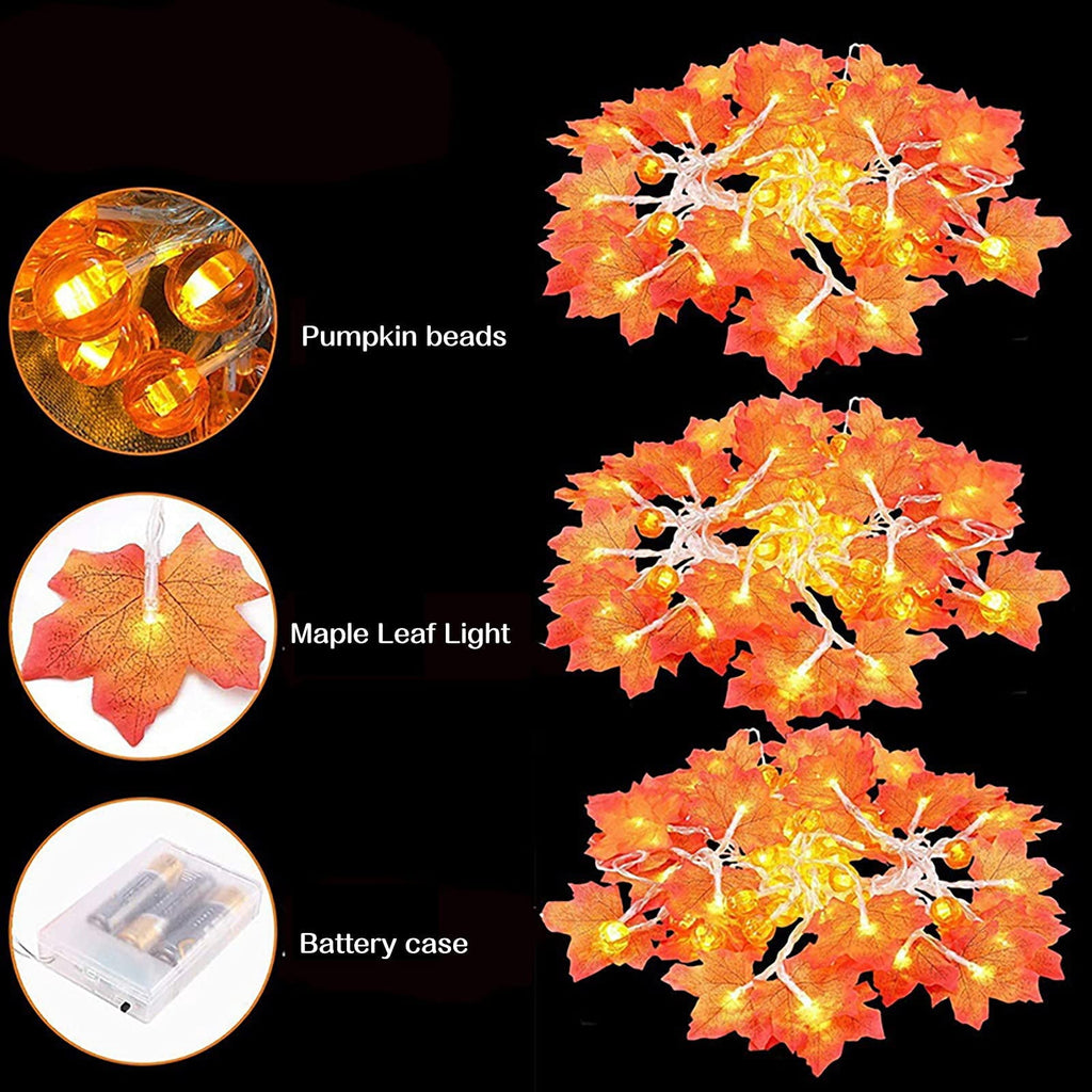 TETOU 19.6ft 40 Led Maple Leaf with Pumpkin Orange Lights Garland for Home Thanksgiving Decoration