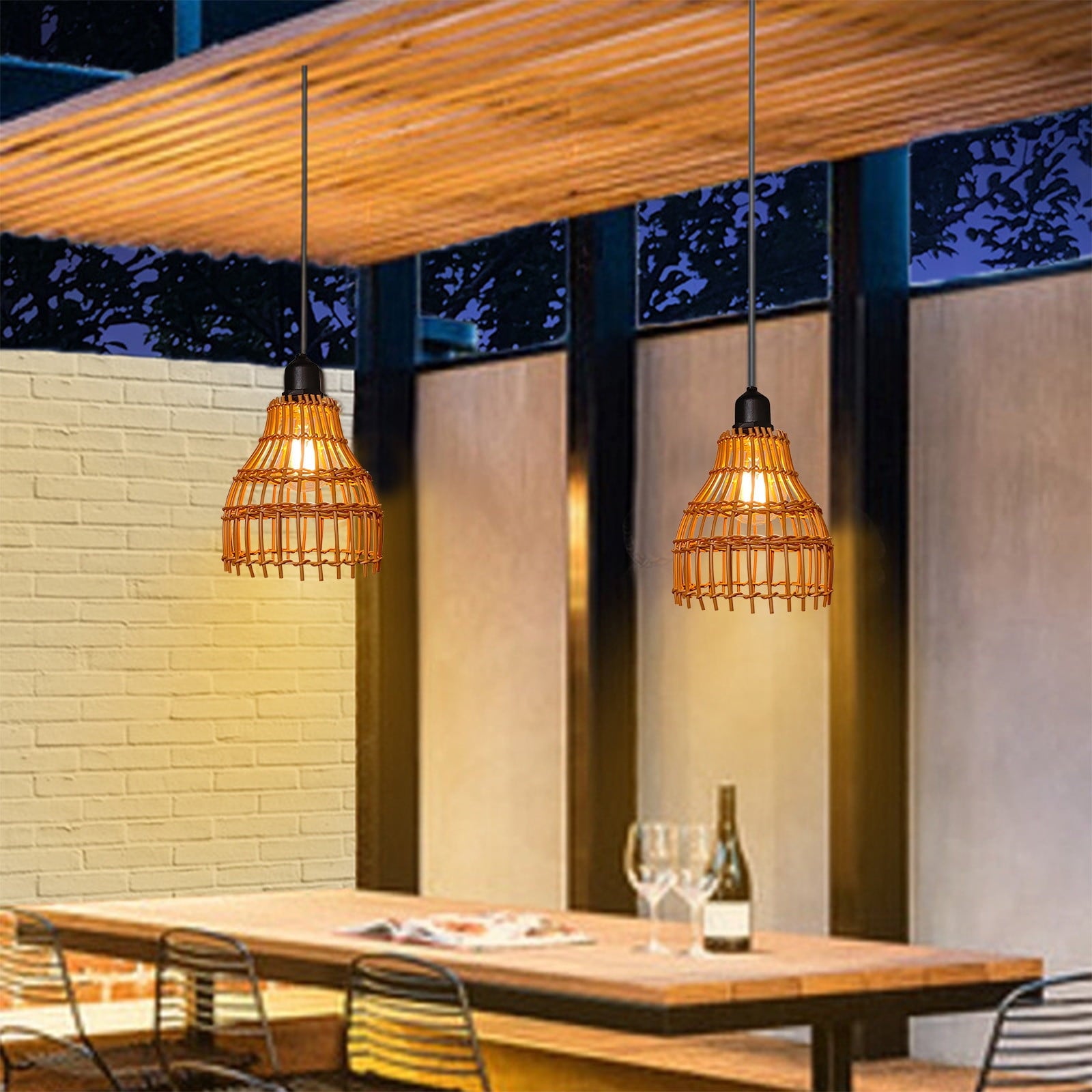 Boho Rattan Pendant Lamp Battery Operated with IP55 Waterproof Rating, Hand-Woven Outdoor Hanging Light for Patio Gazebo Garden Ceiling No Electricity Needed