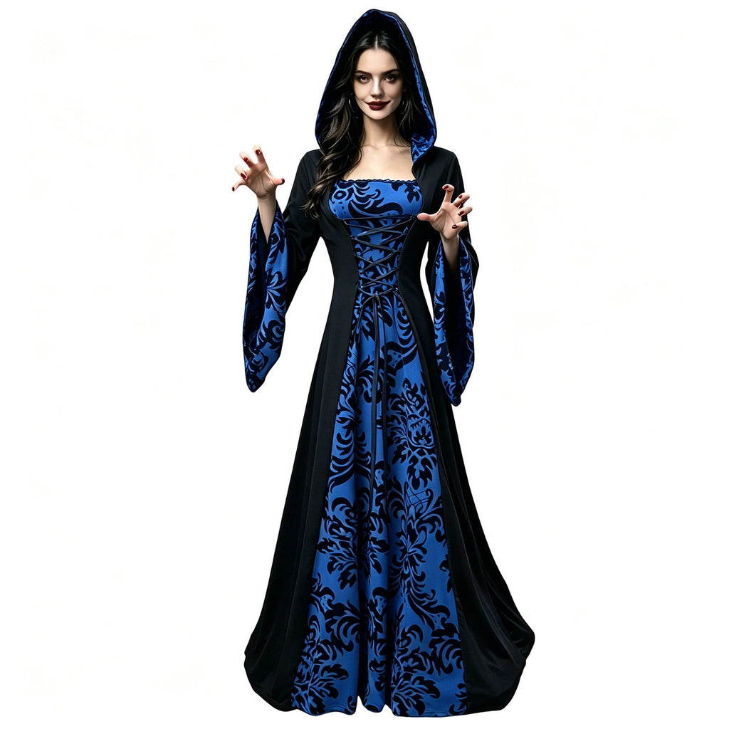 KICILVS Witch Costume Women Hooded Gothic Robe Corset Waist Bell Sleeve Maxi Length Damask Print Vampire Cloak Outfit White