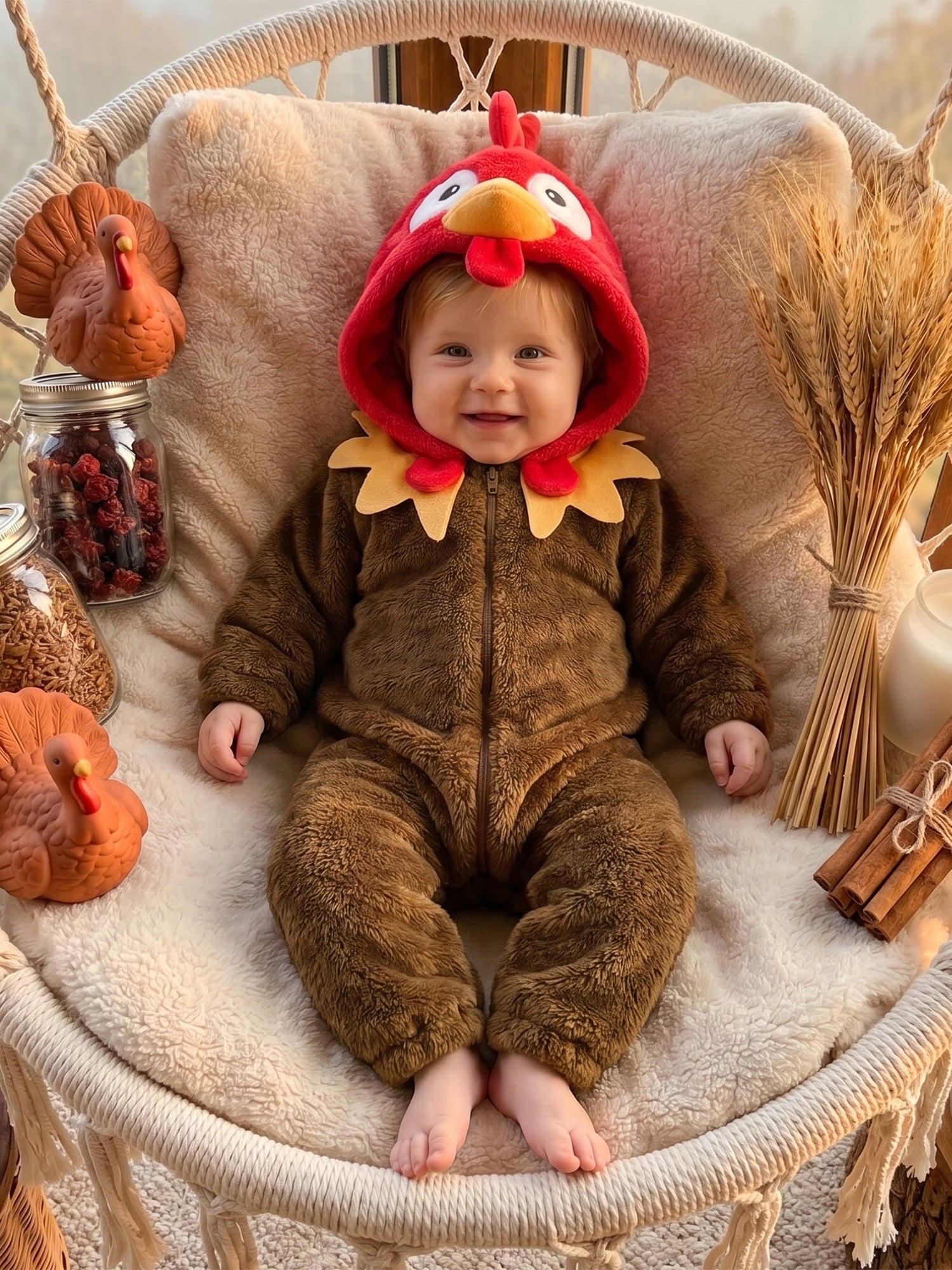 RUINIXCW Toddler Baby Boy Girl Thanksgiving Turkey Costume Newborn Baby Fall Winter Outfit Warm Fleece Hooded Jumpsuit Infant Zipper Romper Snowsuit