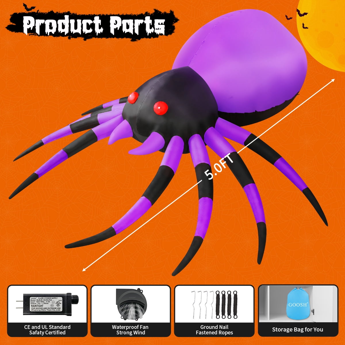 GOOSH Halloween Inflatable 5 FT Halloween Spider Inflatable, Inflatable Halloween Spider Halloween Blow Up Spider with LED Lights, Outdoor Halloween Decorations Clearance for Halloween/Holiday/Party