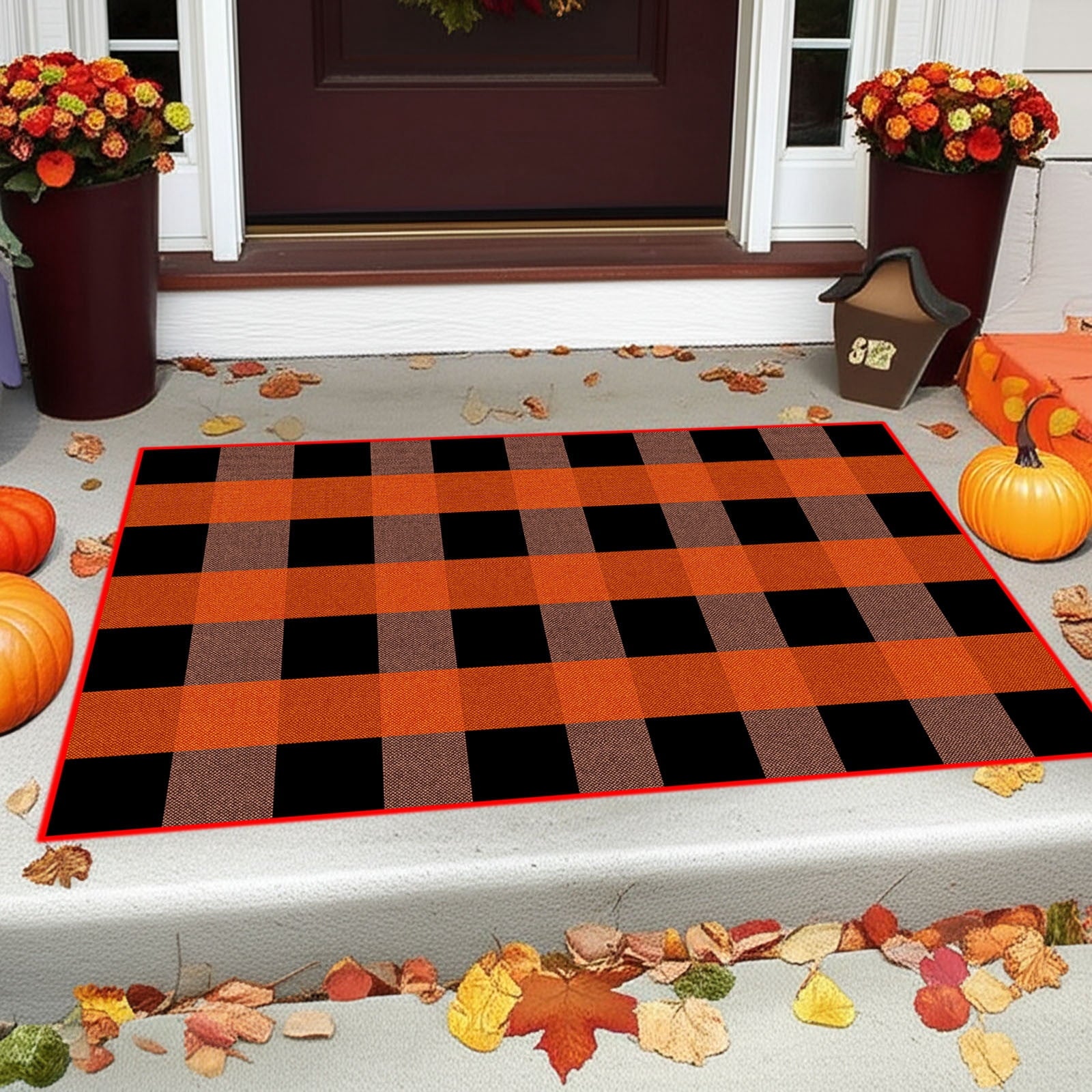 Orange Plaid Fall Outdoor Mat, Hand-Woven Porch Rug for Thanksgiving Halloween Door Decor