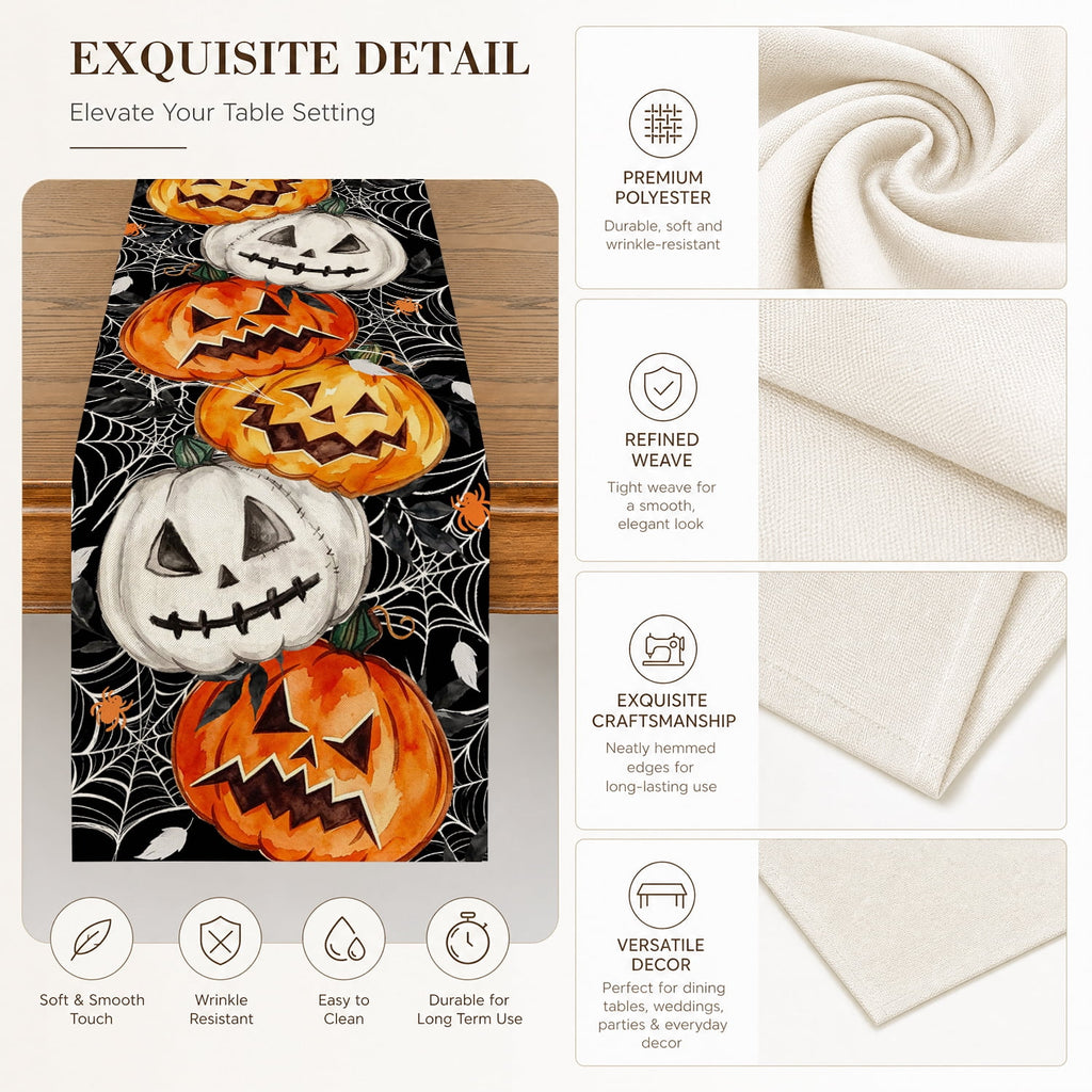 Smile Jack O Lantern Pumpkin Ghost Spider Halloween Table Runner 13 x 72 Inch