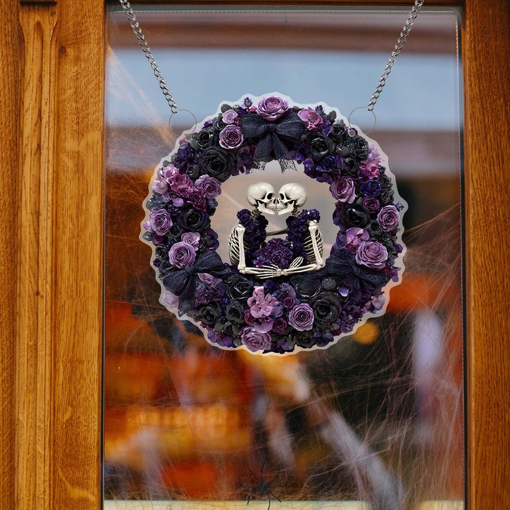 Btomtd Diameter 8" Pumpkin Skull Wreath Halloween Decor Acrylic Round Disk Hanging Ornament with Garland for Front Door Window, A