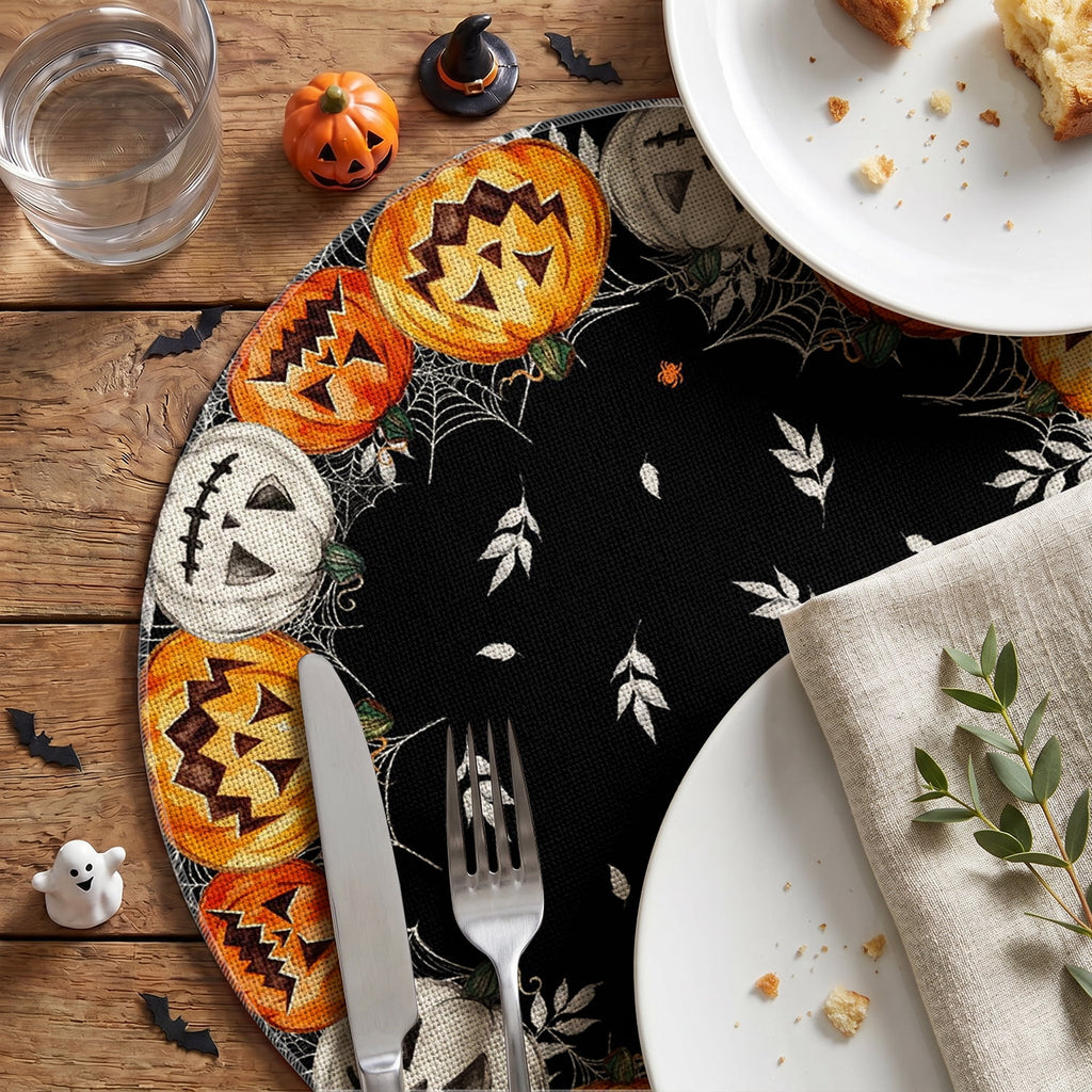 Smile Jack-O'-Lantern Spider Web Halloween Table Placemats Set of 4 Round 15 Inch Black