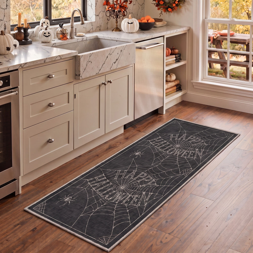 GENIMO 2'x7' Halloween Runner Rug, Washable Non Slip Soft Whimsical Skeleton Indoor Outdoor Hallway Runner for Porch Patio Kitchen Entryway, Charcoal Black