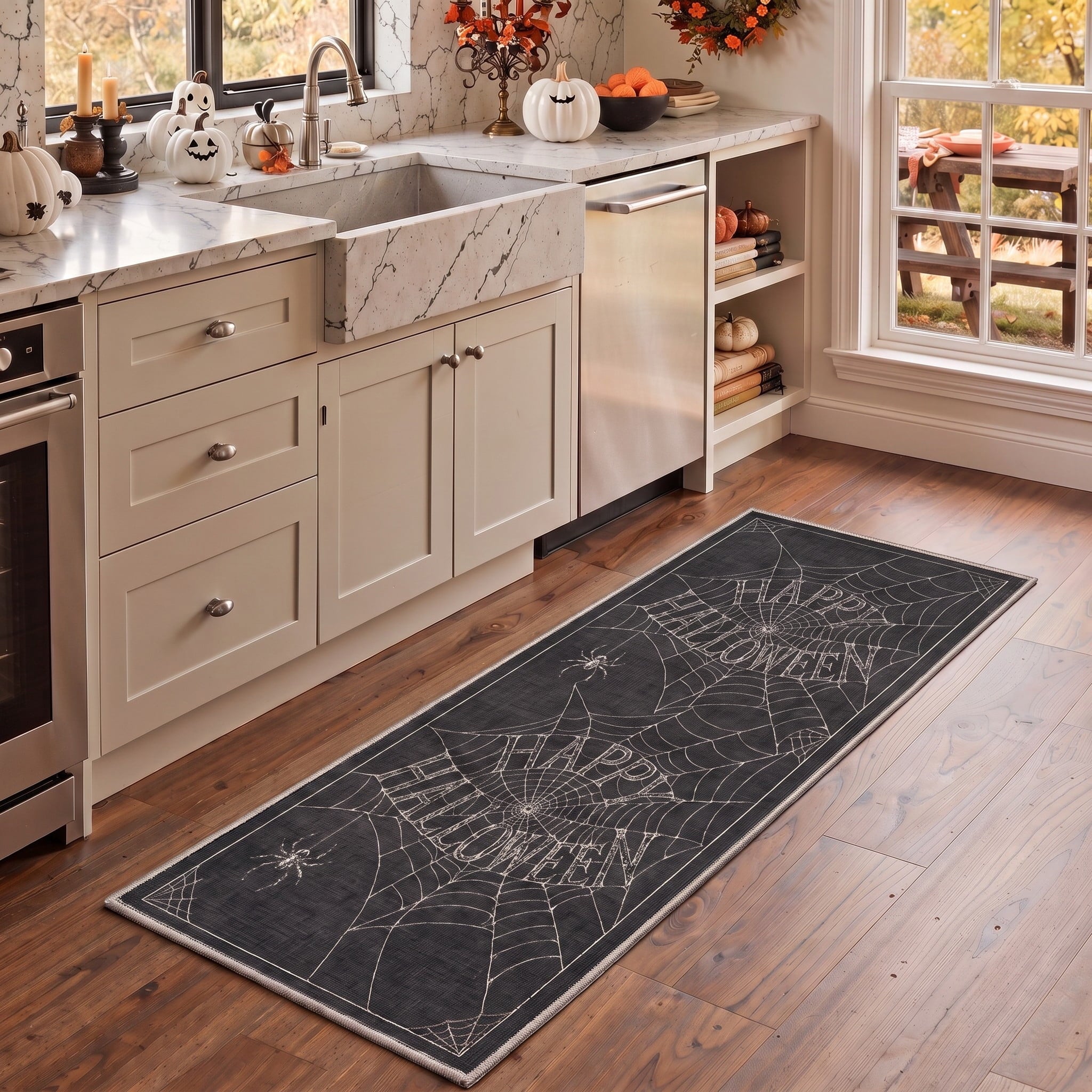 GENIMO 2'x7' Halloween Runner Rug, Washable Non Slip Soft Whimsical Skeleton Indoor Outdoor Hallway Runner for Porch Patio Kitchen Entryway, Charcoal Black