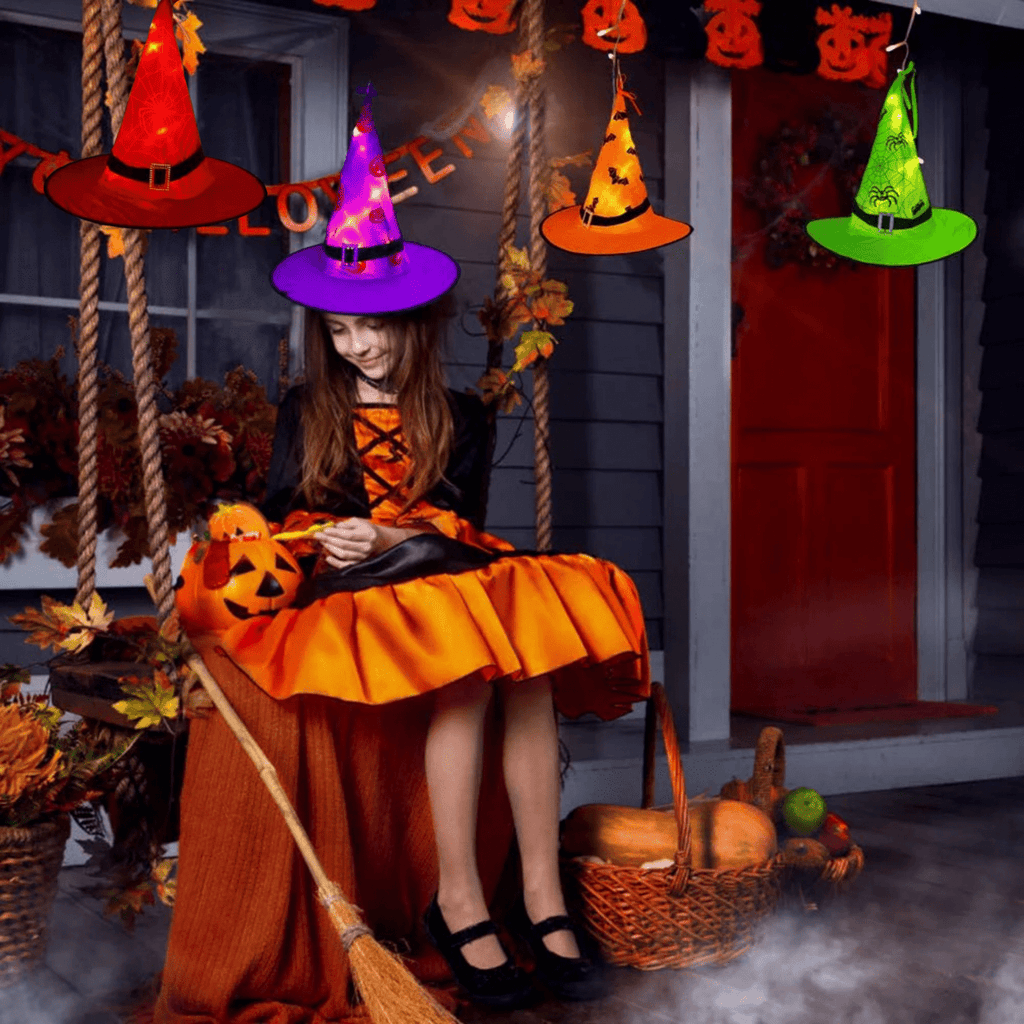 PMMIPNW Halloween Decorations Lighted Witch Hats Waterproof 5 PCS, Glowing Witch String Lights 12FT, Remote Control with 8 Modes for Outdoor Garden Halloween Party Decoration