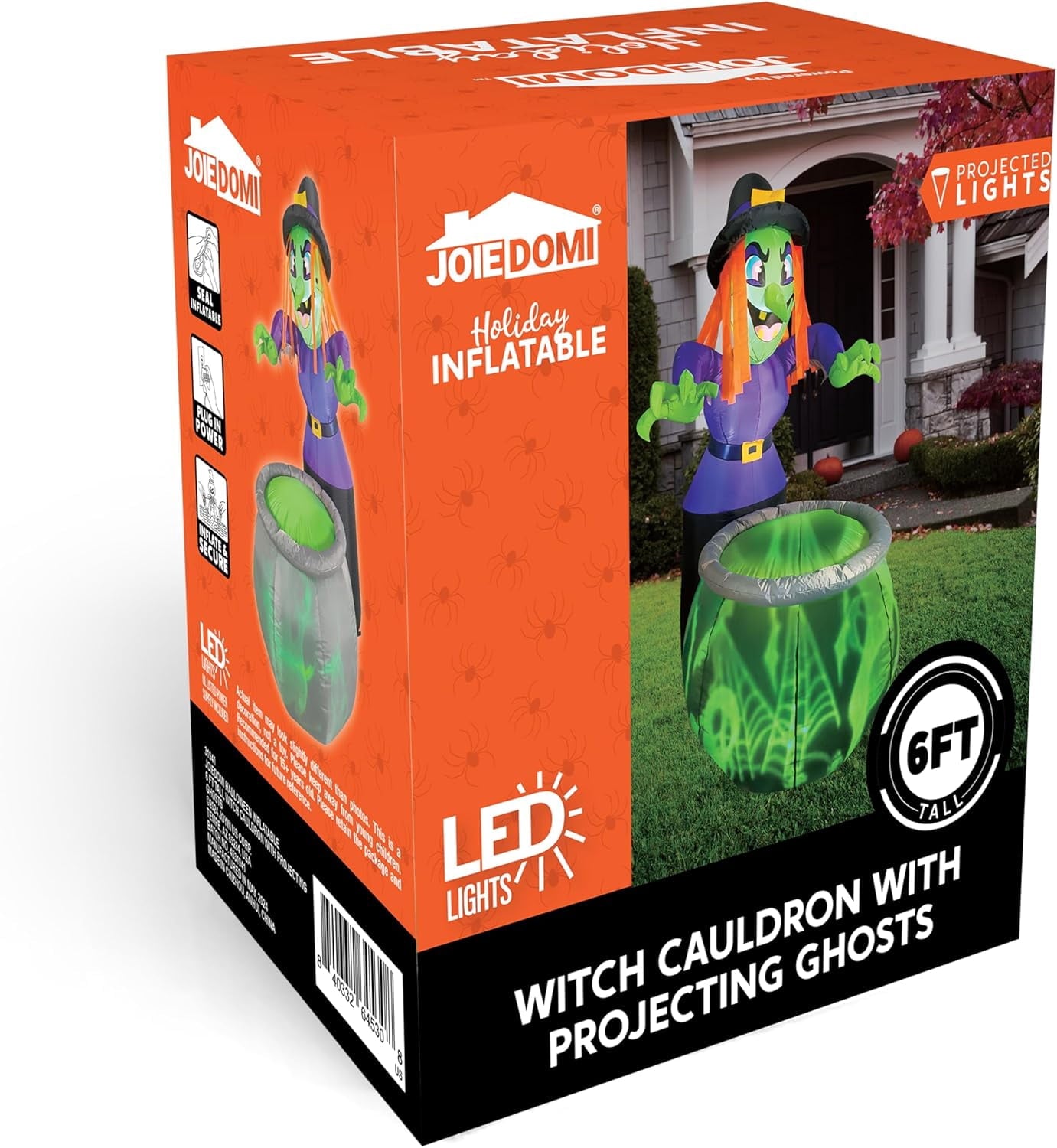 Joyfy 6 ft Halloween Inflatable Witch & Cauldron,Blow Up Decor with Rotating Green Ghost Projection Built-in LEDs,Outdoor Decoration for Party,Yard,Garden