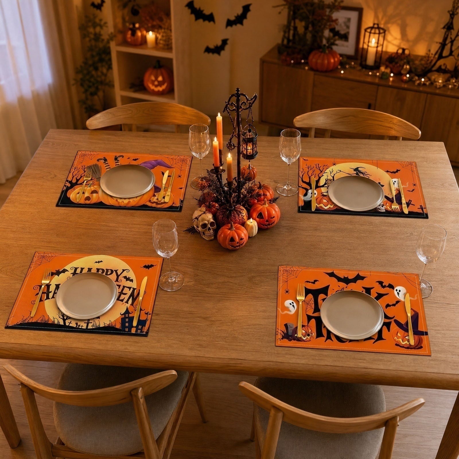 Halloween Pumpkin Placemats Set of 4, 12x18 Inch Pumpkin and Black Cat Table Mat, Washable Heat Resistant Place Mats for Kitchen Dining Table, Spooky Themed Decoration for Home, A