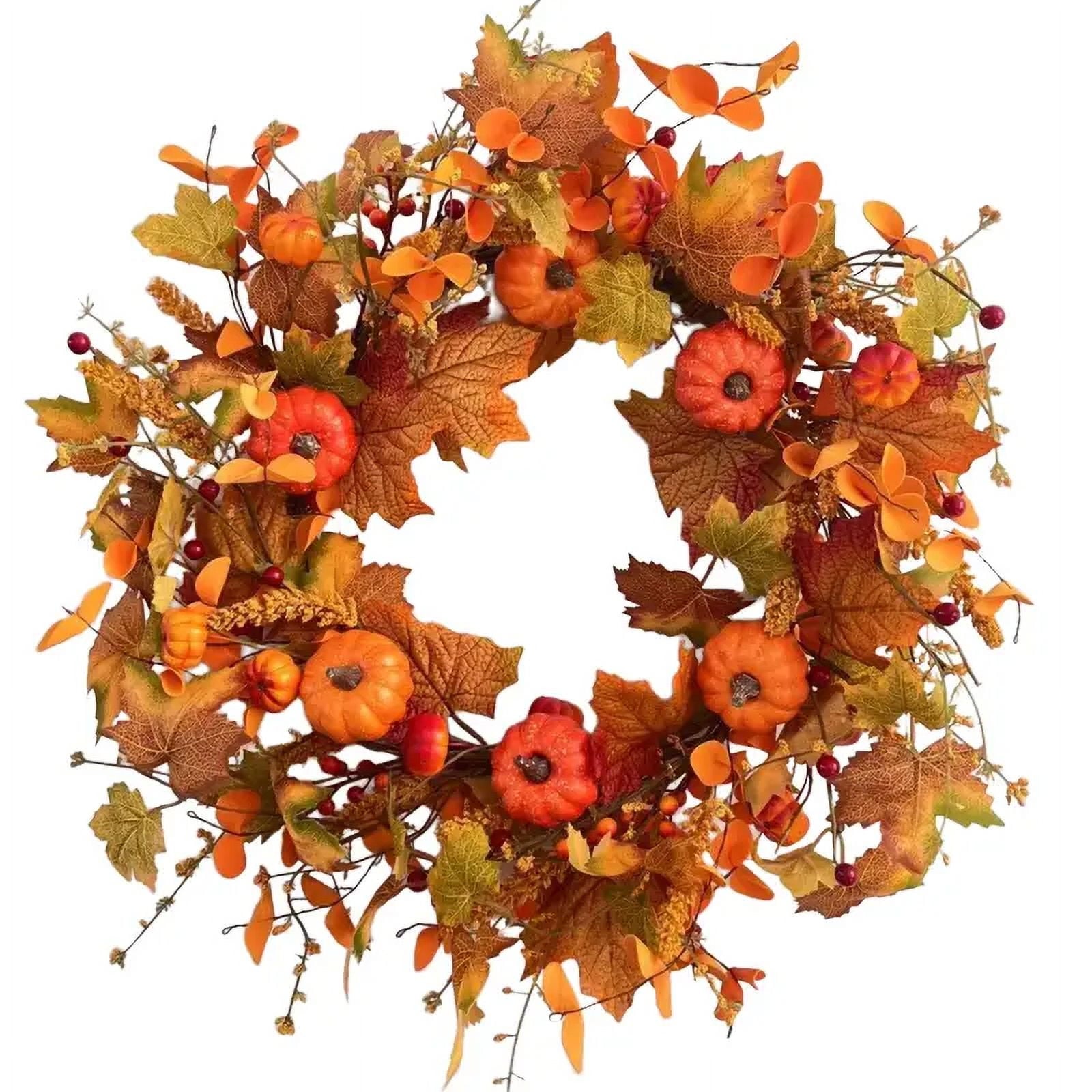 Fall Wreath Pumpkin Wreath Halloween Wreath for Front Door with Maple Leaves Harvest Wreath for Door Window Porch Thanksgiving Halloween Decor