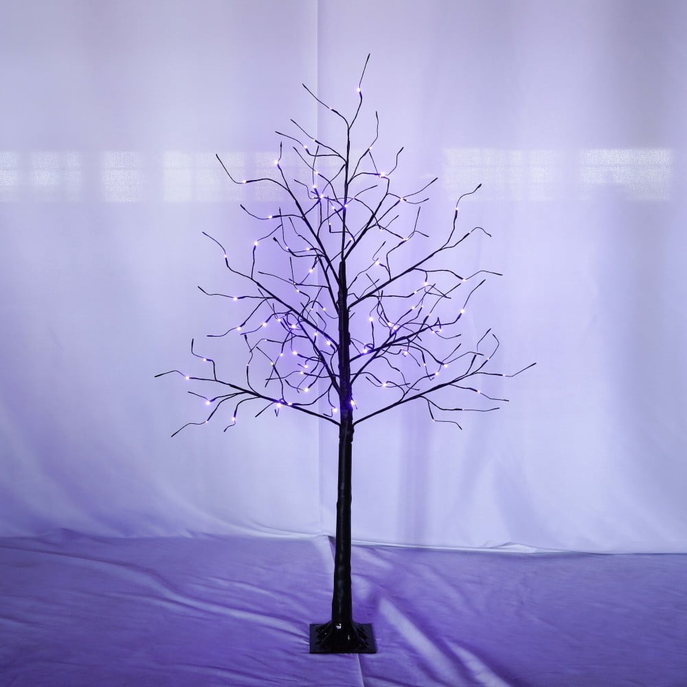 3-Pack Black Adjustable Branches Trees with Purple LED Lights, 4FT 5FT 6FT Pre-Lit Spooky Tree Set for Indoor Halloween Christmas Decor