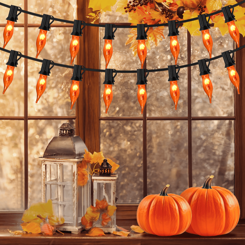 Halloween Lights Flickering Flame String Lights with 12 Pack C7 Orange Flame Light Bulbs (2 Spare), 12.8Ft Orange Flame String Lights for Indoor Outdoor Home Party Yard Halloween Decorations