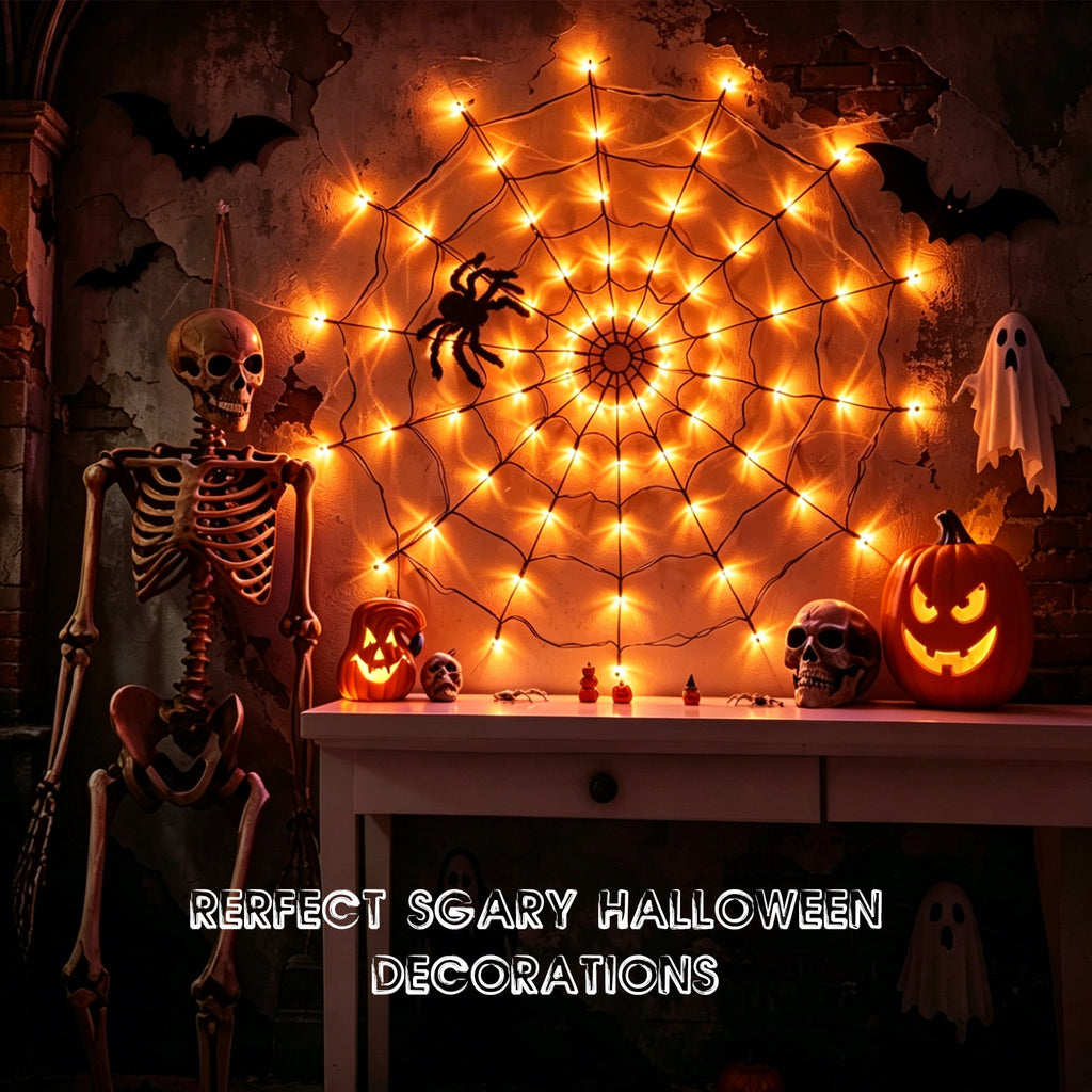 DAYBETTER Halloween Spider Web Lights, 4FT Purple LEDs with Hairy Black Spider, Remote Control, Waterproof for Indoor, Outdoor, Halloween Decor