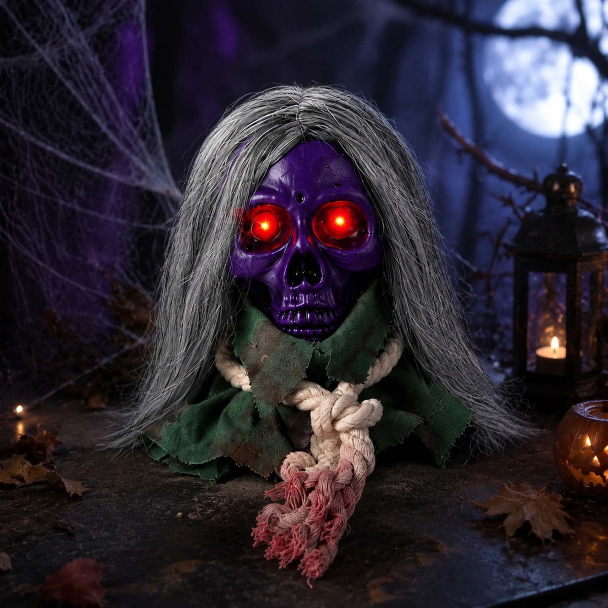 Moving Long Hair Hanging Skull Head Prop, Creepy Animated Halloween Skeleton Decor, Spooky Ornament for House, Party, Indoor Outdoor (Batteries Not Included)