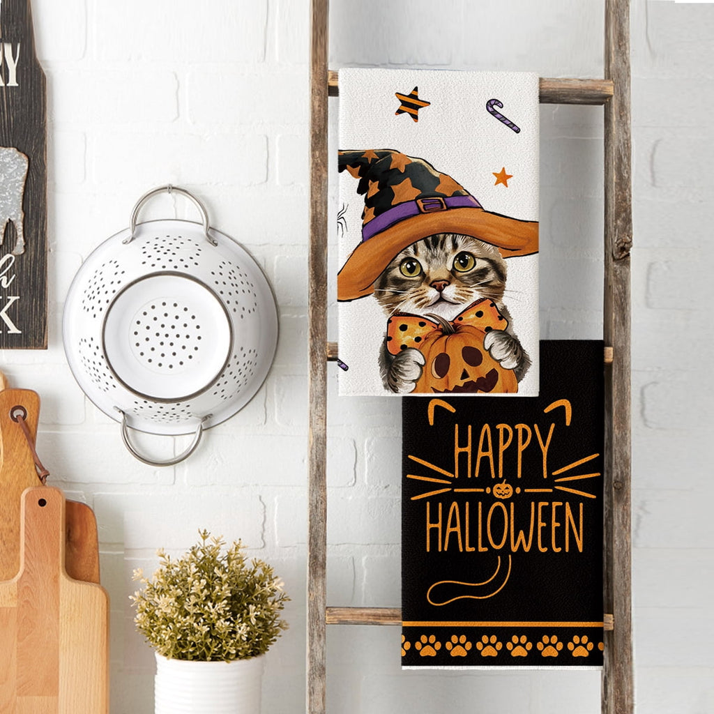 Sm:)e Spider Web Jack-O'-Lantern Pumpkin Cat Happy Halloween Kitchen Towels Dish Towels 18x26 Inch Set of 2