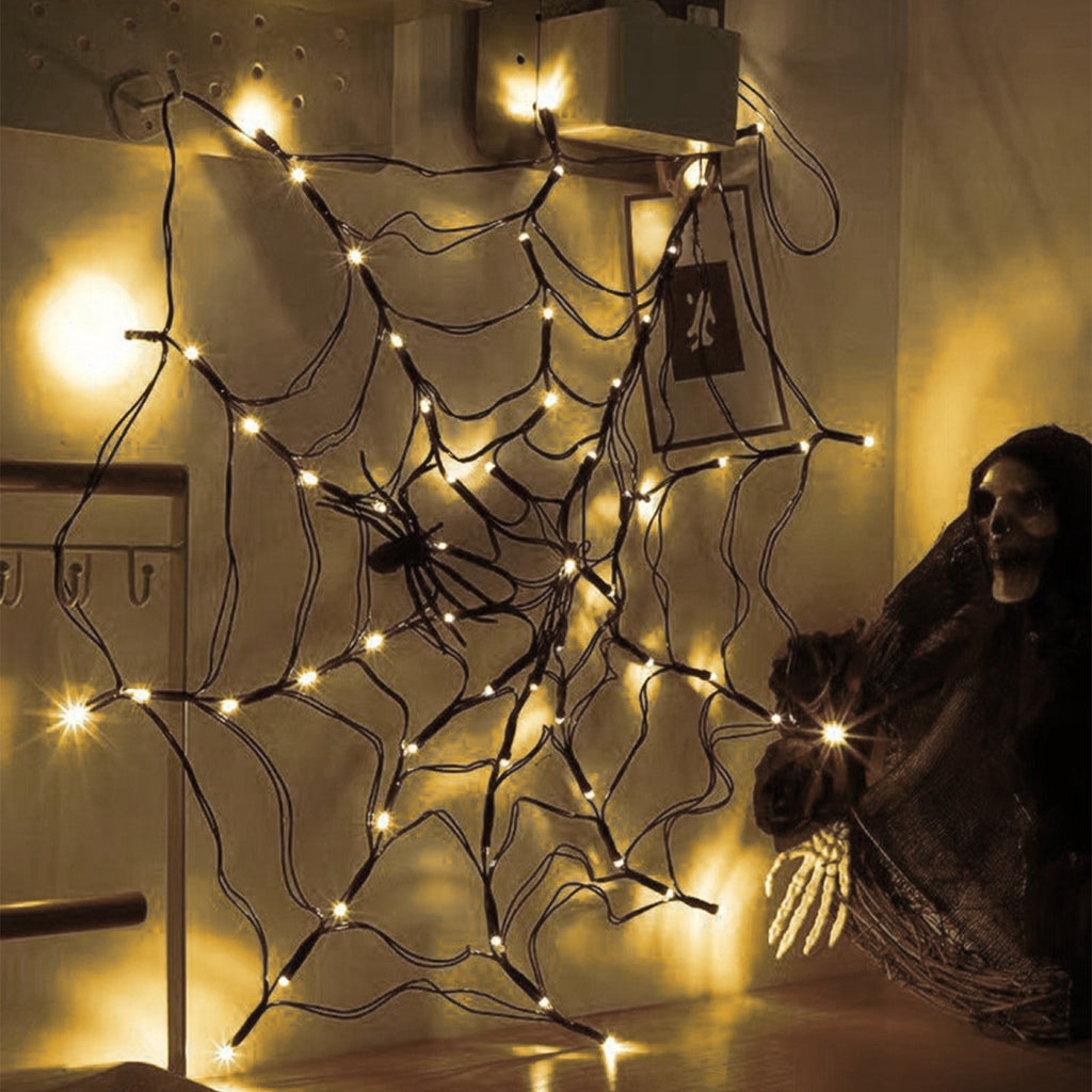 Clearance! Halloween Arachnid Web Lights 1M Diameter 60 LED with Black Spider, Water Proof Purple Net Lights, Remote Control, Halloween Decorations for House Garden