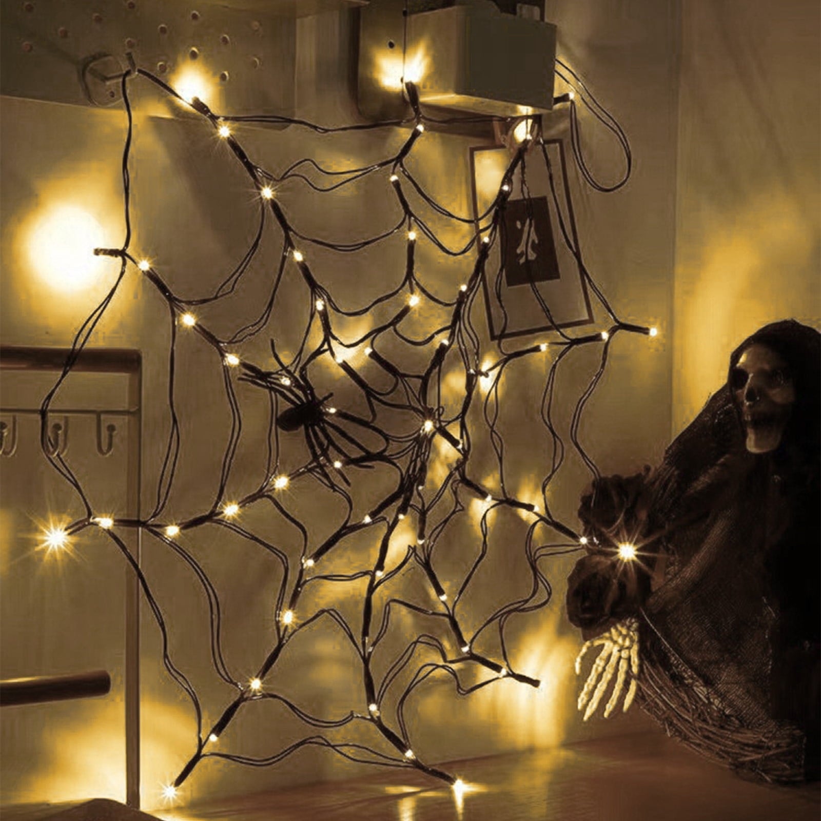 Clearance! Halloween Arachnid Web Lights 1M Diameter 60 LED with Black Spider, Water Proof Purple Net Lights, Remote Control, Halloween Decorations for House Garden