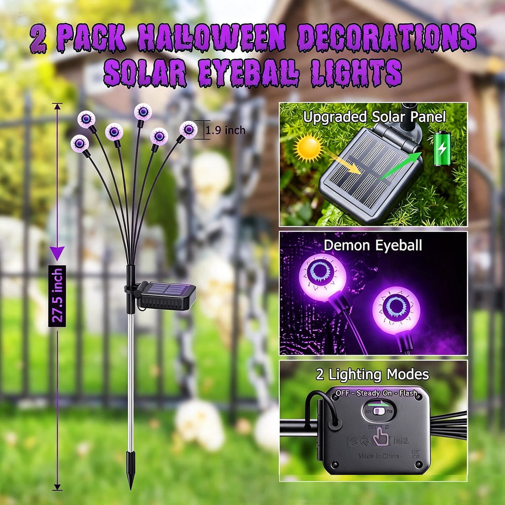 Morfone Halloween Decorations Outdoor, 2 Pack 12 LEDs Solar Scary Eyeball Lights, Waterproof Eyeball Swaying Firefly Lights, Halloween Path Lights for Garden Yard Party, Green
