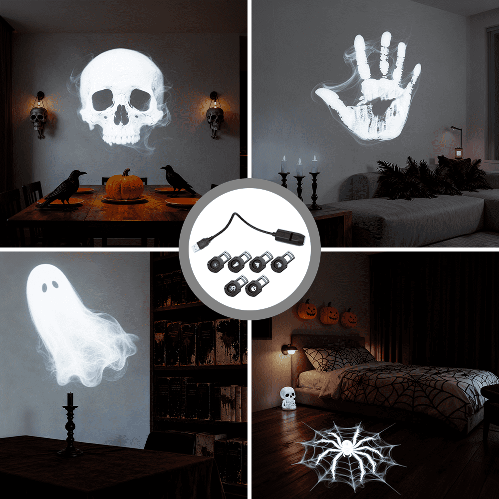 LED Projector Light, USB Powered Rotatable Multi-Angle Interior Atmosphere Lamp, Different Pattern, for Bedroom, Living Room, Holiday Halloween Party Decoration, 6 PACK