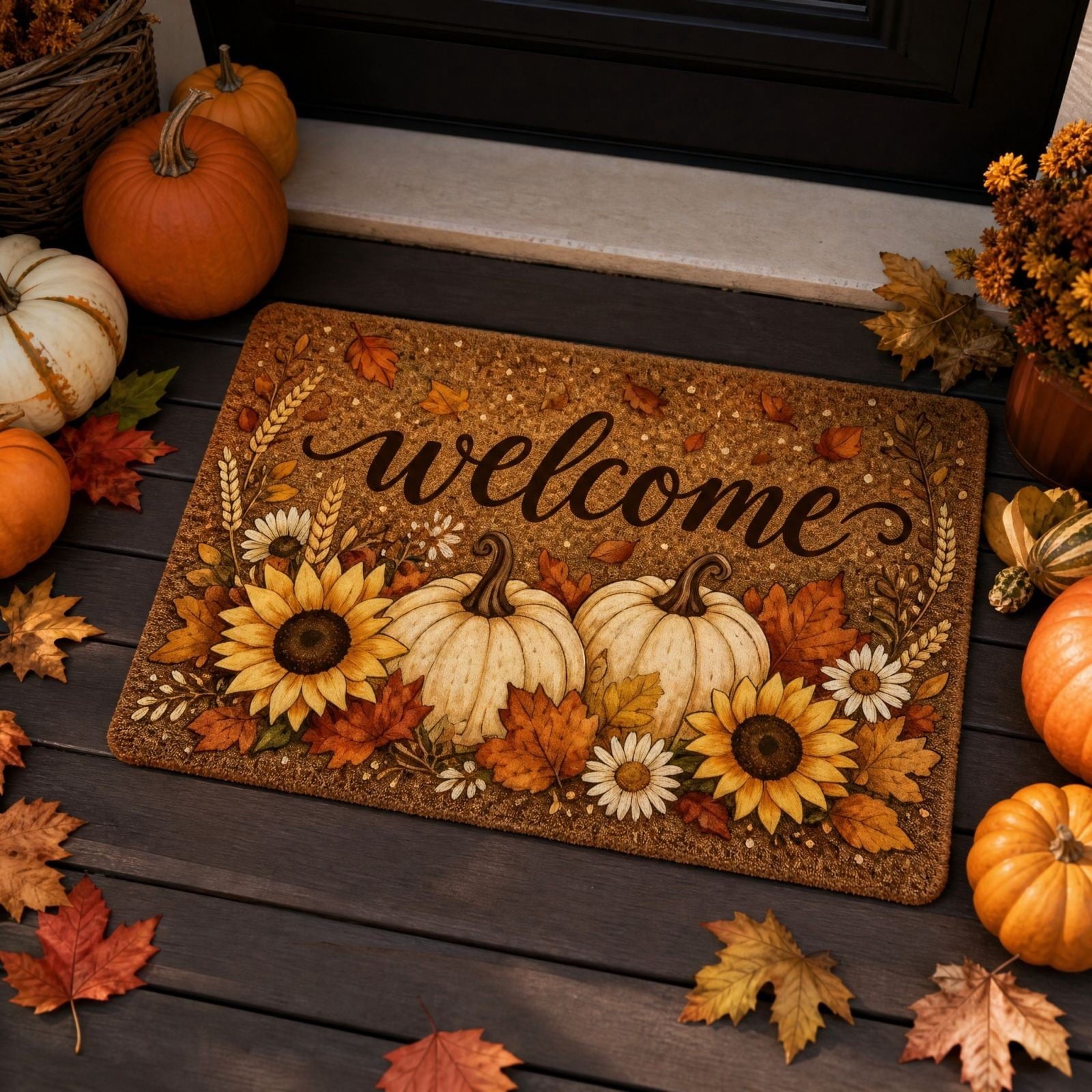 Fall Thanksgiving Welcome Doormat with Pumpkin Maple Leaf Design 15.75 x 23.62 Inch Crystal Velvet Seasonal Rug for Entryway Kitchen Home Decor