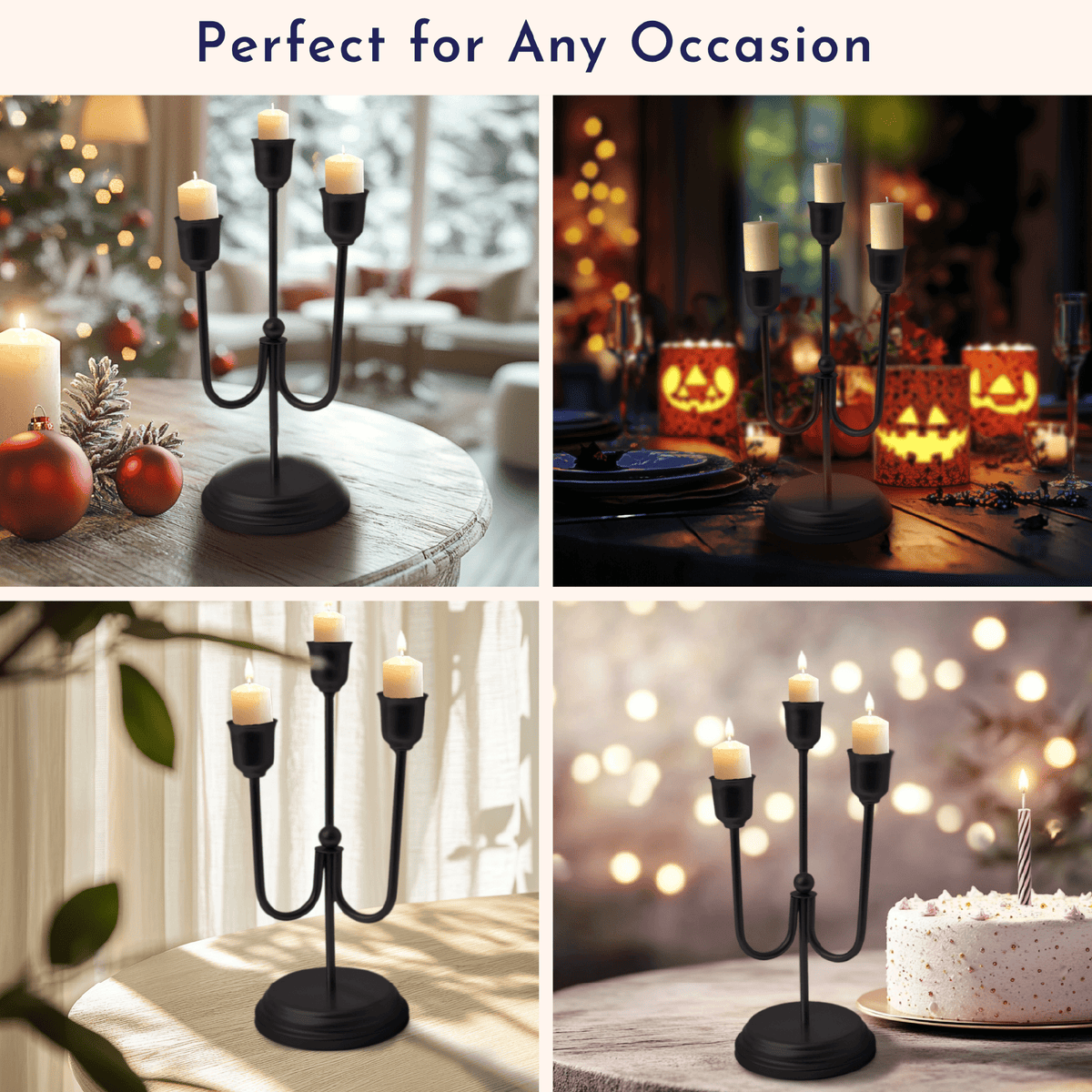 Home Decor Collection 3-Arm Black Metal Taper Candle Holder – Elegant Gothic Decor for Halloween, Mantel, Kitchen Table, Wedding, or Party, 9"