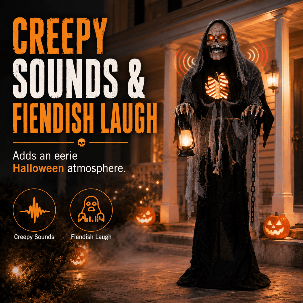 Romswi Halloween Decorations 5.5ft Standing Grim Reaper Animated with Light Up Eyes and Sound-Activated for Spooky Yard Garden Decor
