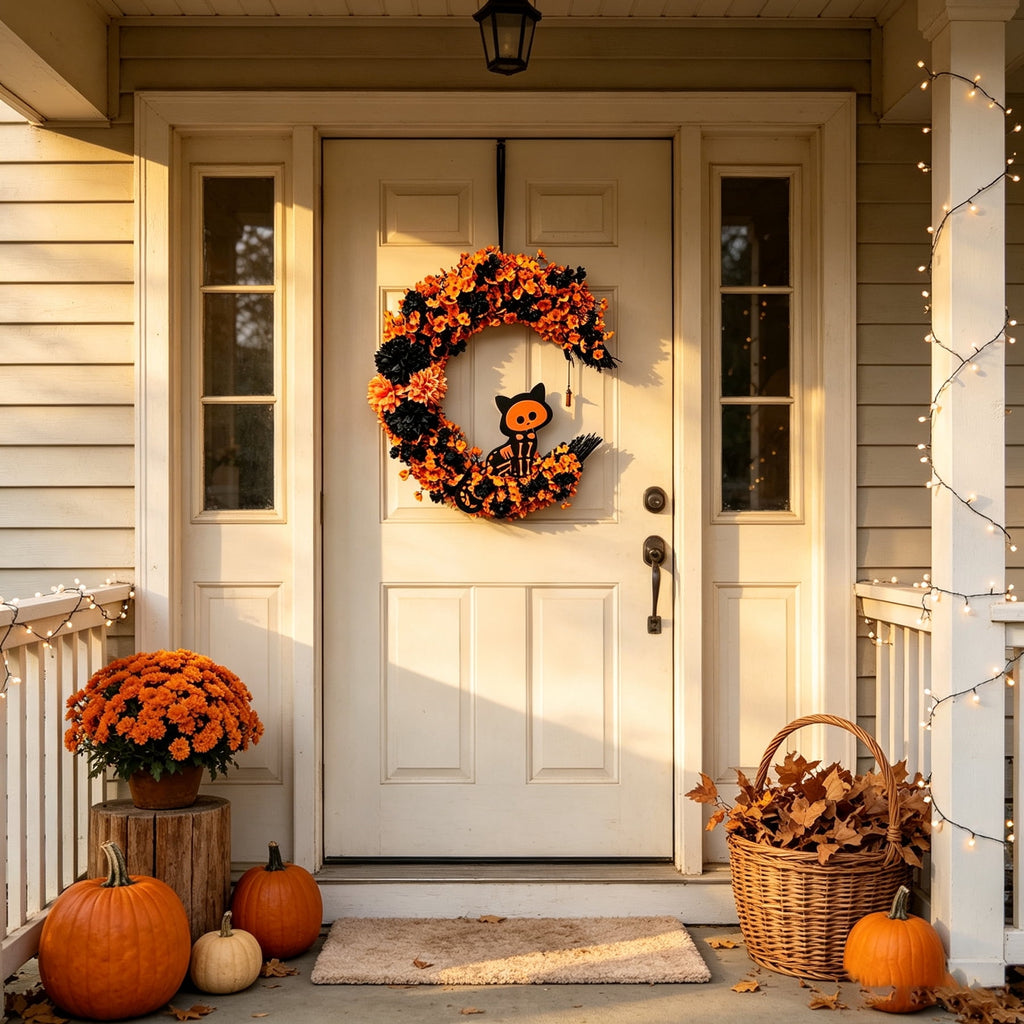 15.7" Artificial Halloween Skeleton Cat Moon Wreath, Orange Black Floral Crescent Decor for Front Door, Porch & Wall, Plastic & Fabric