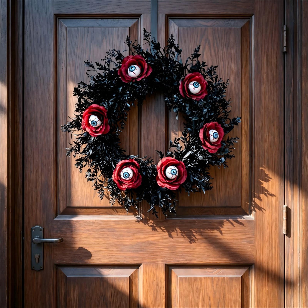 Gcvizuso Halloween Wreath with LED Light String, Purple Rose Black Crow Oval Spooky Twig Wreath for Front Door Window Fireplace Decor