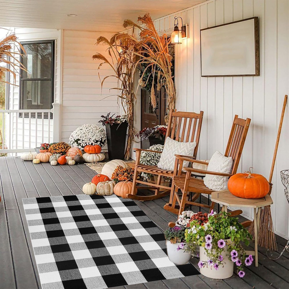Xuniizn Fall Door Mat, Buffalo Plaid Fall Outdoor Rug Black & White Striepd Rug Front Door Mat Halloween Thanksgiving Fall Autumn Home Decor,Welcome Doormat for Front Door,Farmhouse Decor, 24 x 16"