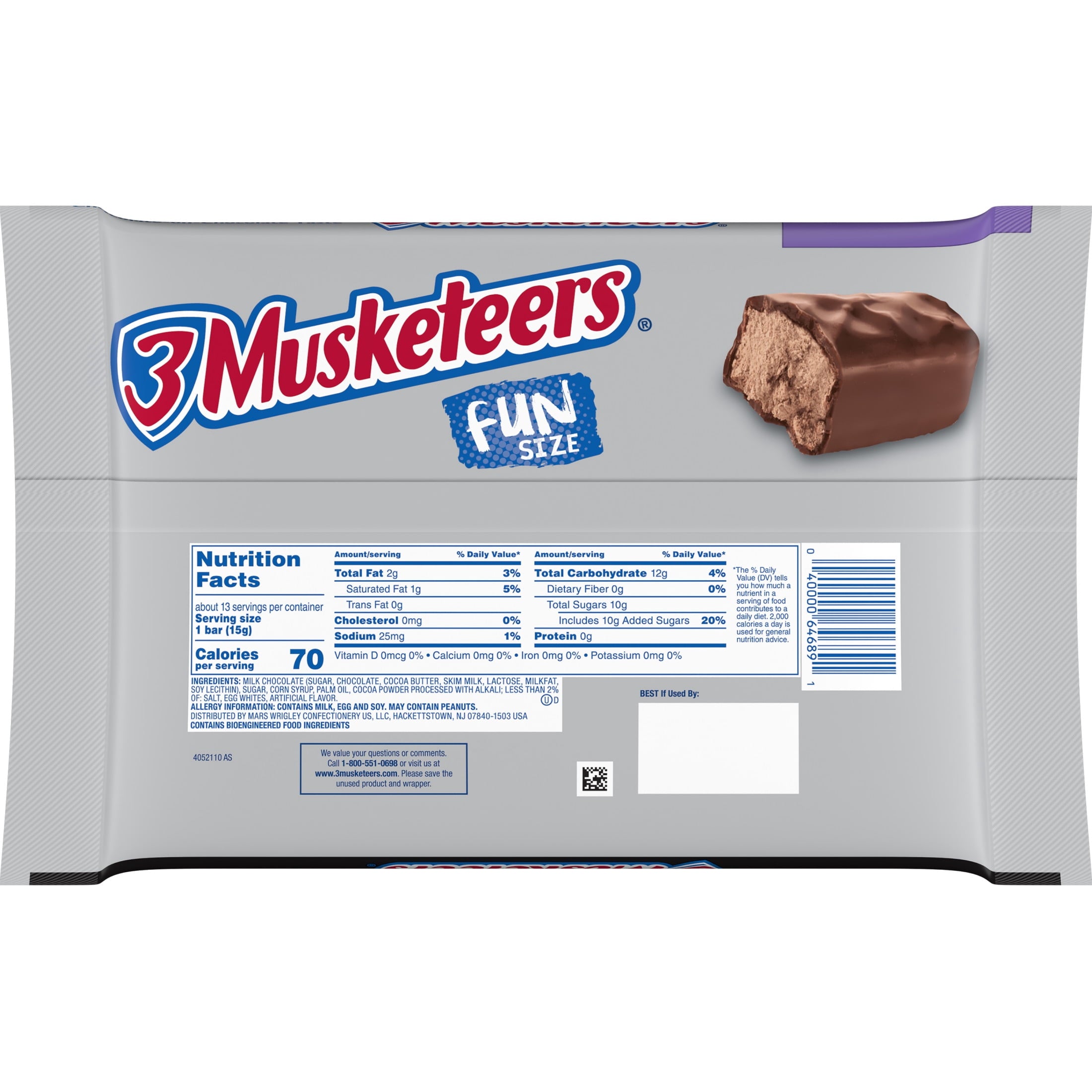 3 Musketeers Fun Size Chocolate Halloween Candy Bars, Treat Size - 7.34 oz Bag