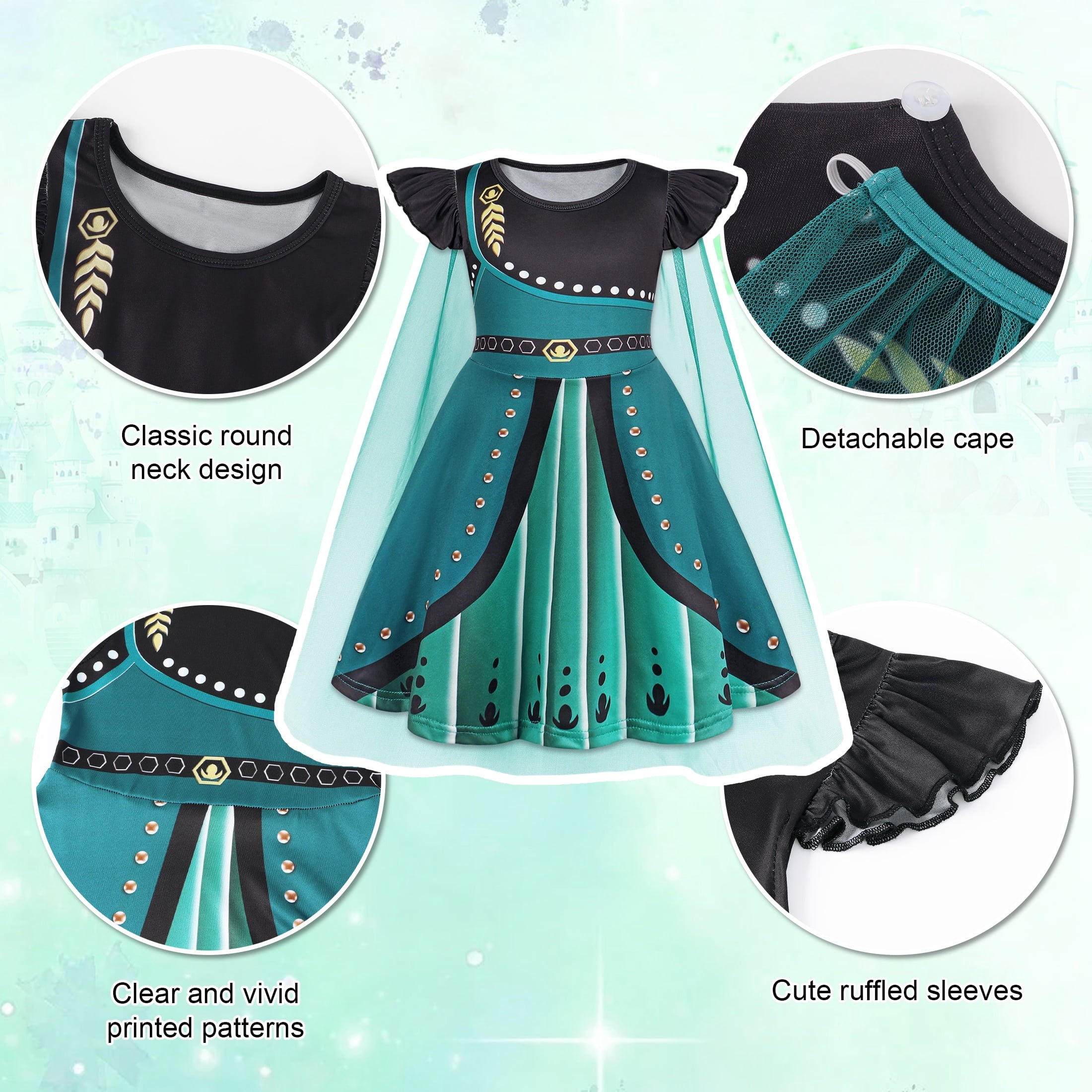 Benylion Girls Ice Princess Dress Halloween Cosplay Costumes With Tulle Cape Kids Birthday Party Dress up Outfit for 7-8 Years