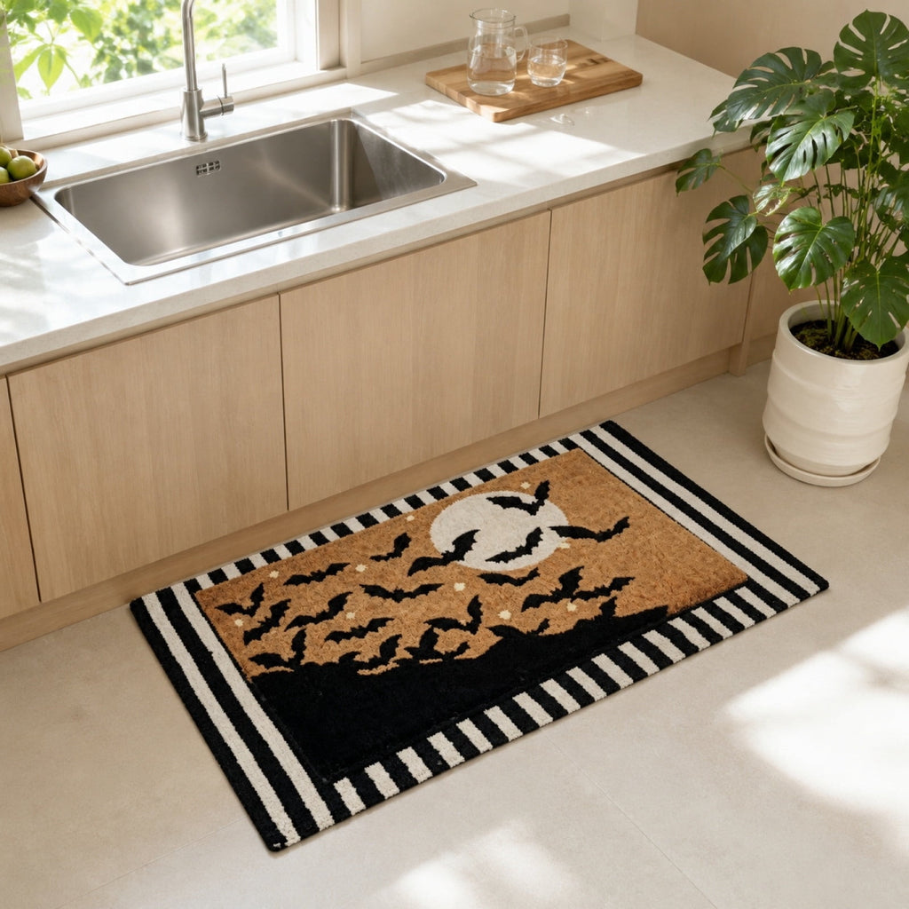 Halloween Welcome Doormat, Striped Border Bat Pattern Floor Rug, Soft Absorbent Non-Slip Carpet for Indoor Outdoor Front Door