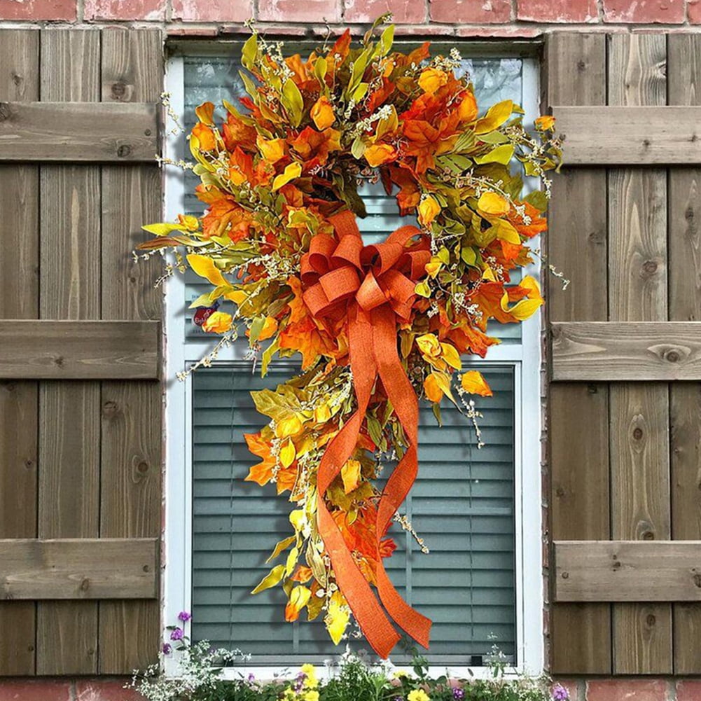 Yucurem 23.62" Fall Wreaths for Front Door, Artificial Maple Leaves Wreath for Christmas Halloween Thanksgiving Harvest Farmhouse Porch Decor