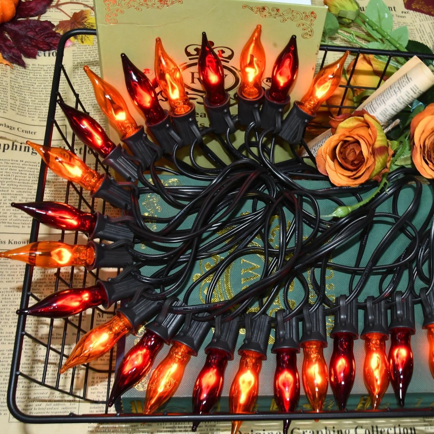 12.8Ft Christmas Lights Flickering Flame String Lights with 12 Pack Clear C7 Flame Light Bulbs（2 Spare）, Great for Indoor Outdoor Home Patio Party Christmas Decorations Lights, 1W, E12 Base