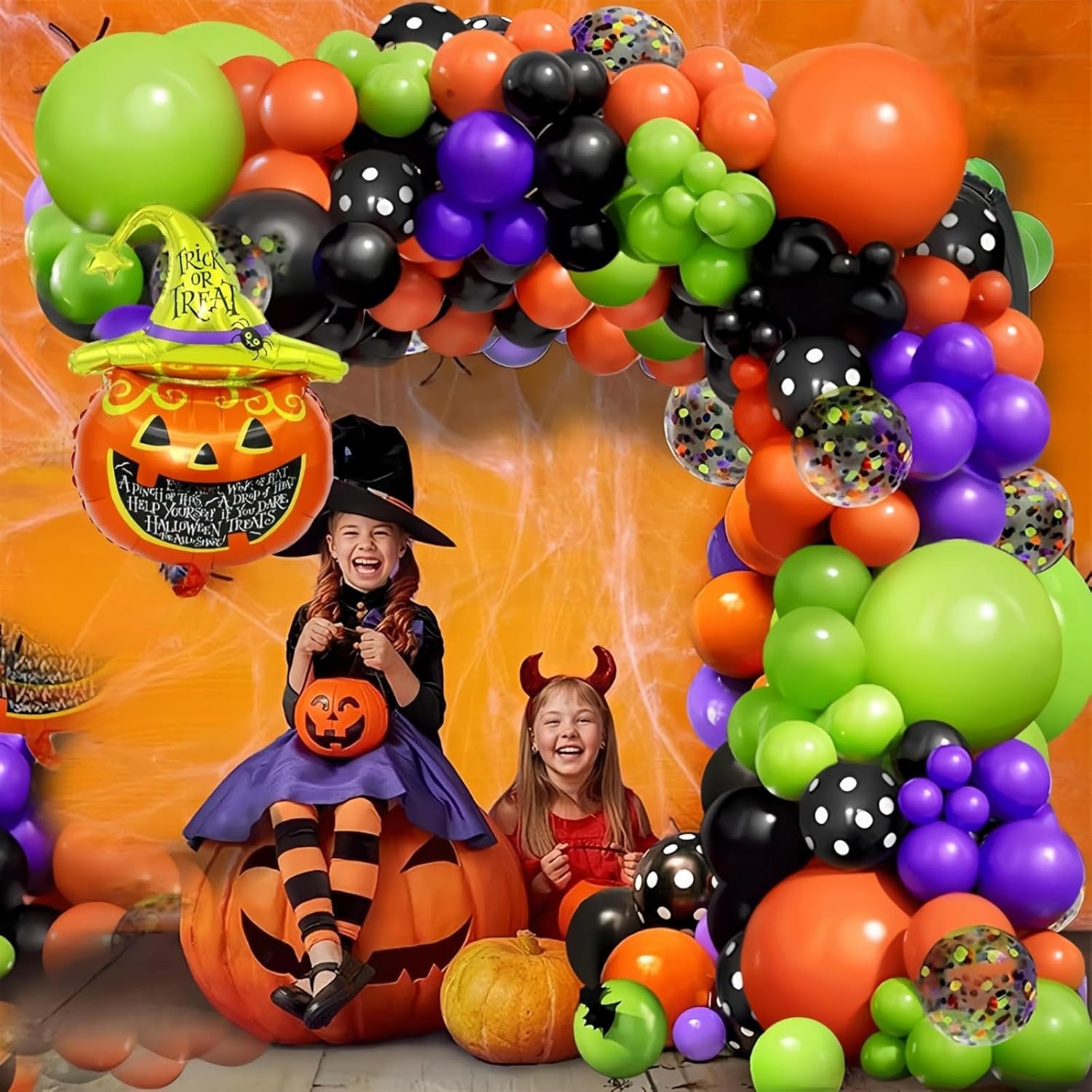 Halloween Balloons Set, 65Pcs 12Inch Black Orange Purple Green Balloons Kit, Black and Orange Latex Balloons for Birthday Wedding Halloween Party Decorations