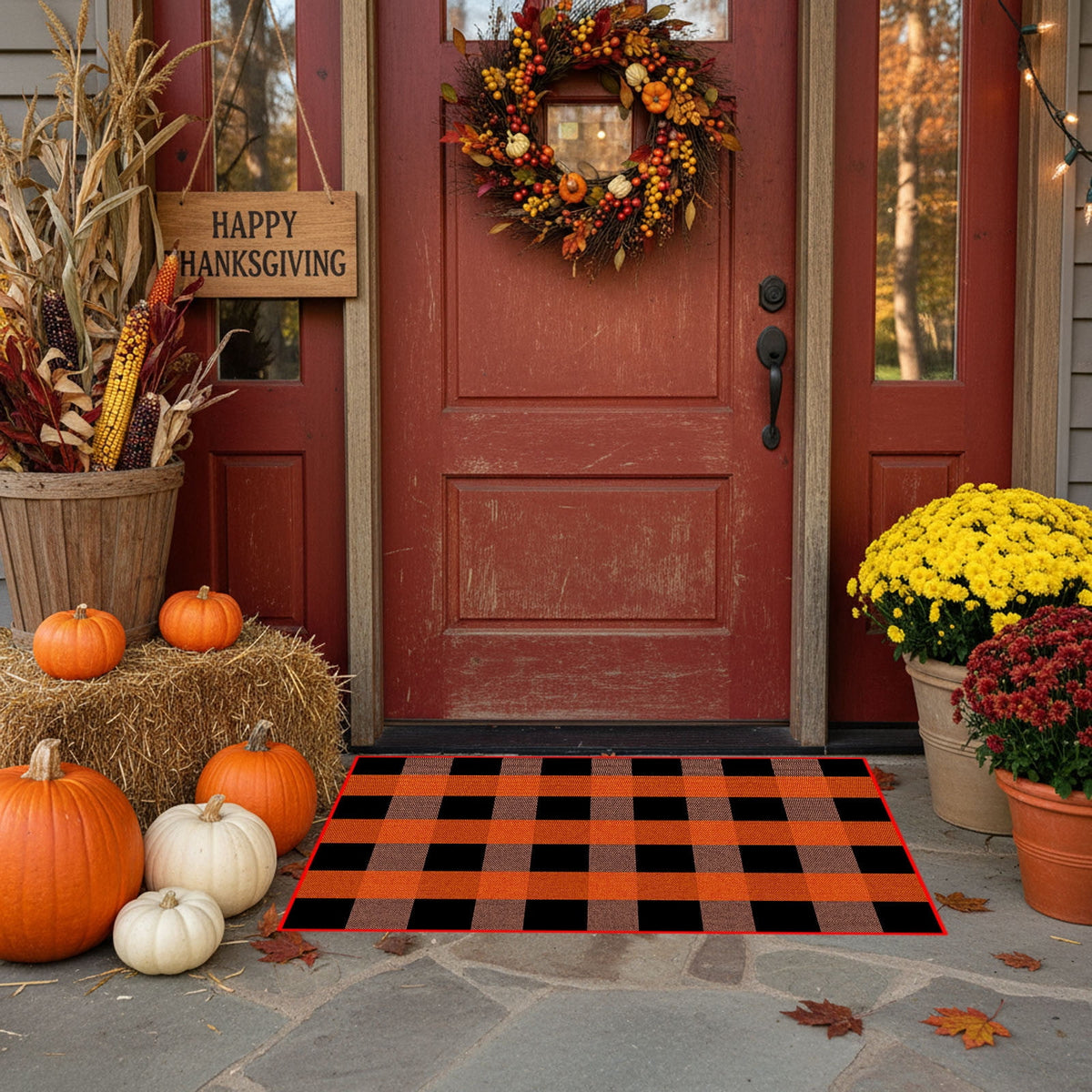 Orange Plaid Fall Outdoor Mat, Hand-Woven Porch Rug for Thanksgiving Halloween Door Decor