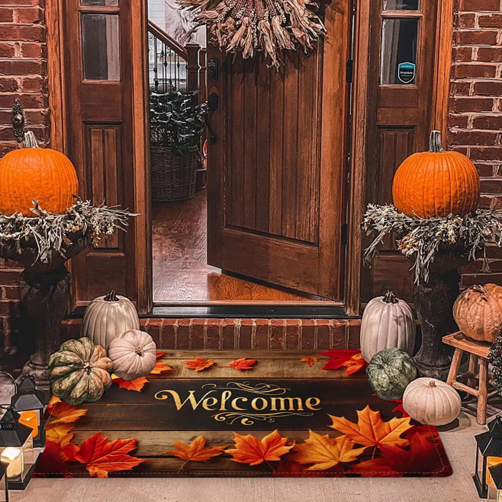 JoyMoreHome Fall Welcome Mat, 20x32 Inch Maple Leaves Door Mats, Decorative Indoor Outdoor Non Slip Entryway Rug, Halloween Thanksgiving Doormat Decor