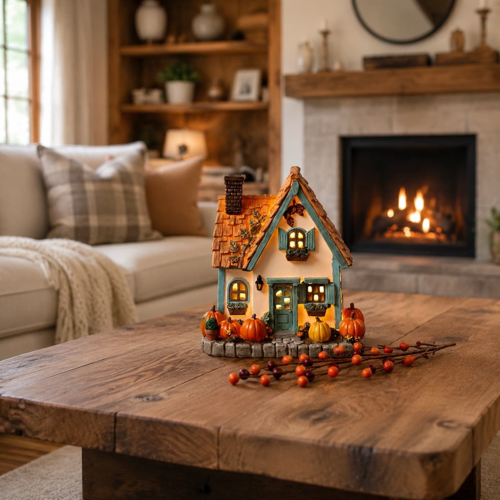Fall Harvest Light Up Cottage House, LED Resin Pumpkin Autumn Halloween Thanksgiving Tabletop Decor with Warm Glow for Mantel Shelf Home Office Seasonal Decoration, 6" (1 PC)