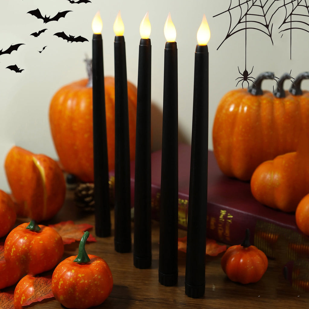 TOPRenddon Black Flameless Taper Candles, Flickering Battery Halloween LED Candlesticks Set of 2, Gothic Wedding Decor