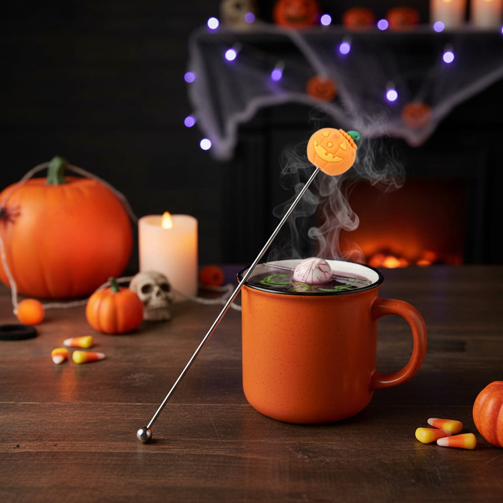 Stainless Steel Mixing Spoon for Cocktails – Halloween Barware, 304 Food - Grade Stirring Rod with Ghost, Witch Hat, Bat & Pumpkin Designs,Orange