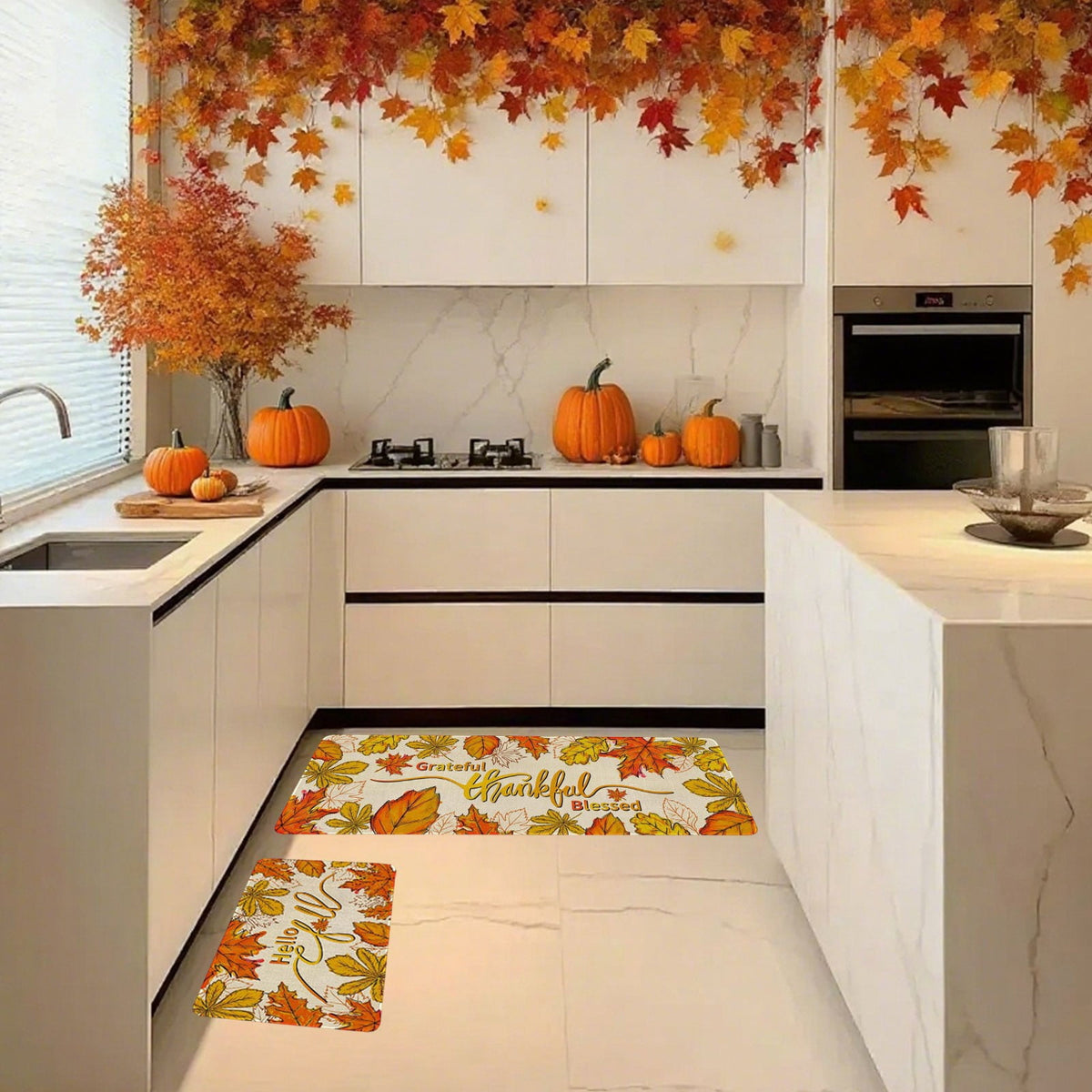 HOARBOEG Kitchen Floor Mat, Halloween Thanksgiving Fall Floor Mats 2-Piece Set - Non-Slip Pumpkin Maple Leaf Decor Rug for Bathroom Kitchen Porch Entrance, Holiday Home Decor