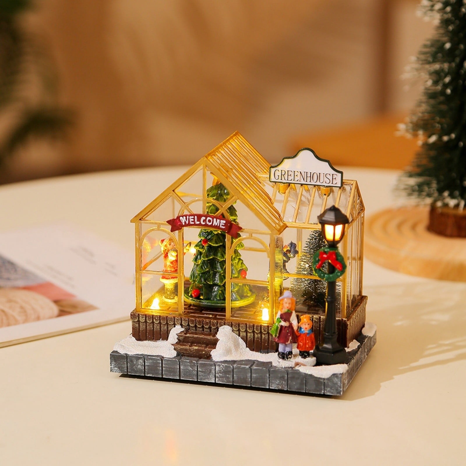 Christmas Village Greenhouse 1pc, 5.51in, a Lighted Musical Holiday House with Rotating Tree, Animated Resin Tabletop Decor, a Collectible Xmas Village Building for Home and Mantle Display