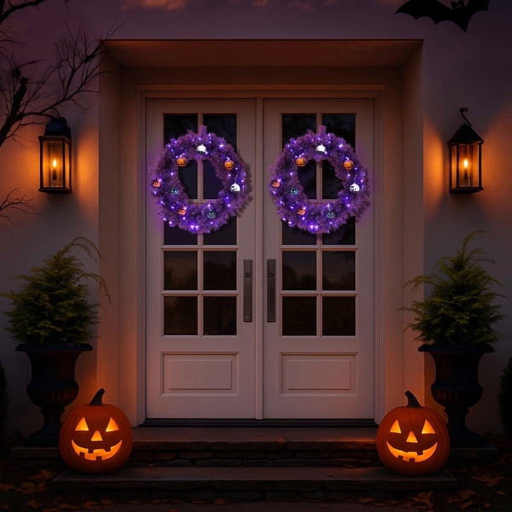 Alvantor 24 in Pre-Lit Halloween Wreath with 50 Purple and Orange LED Lights, 100 PVC Tips, DIY Ball Ornaments, Battery Powered, Purple