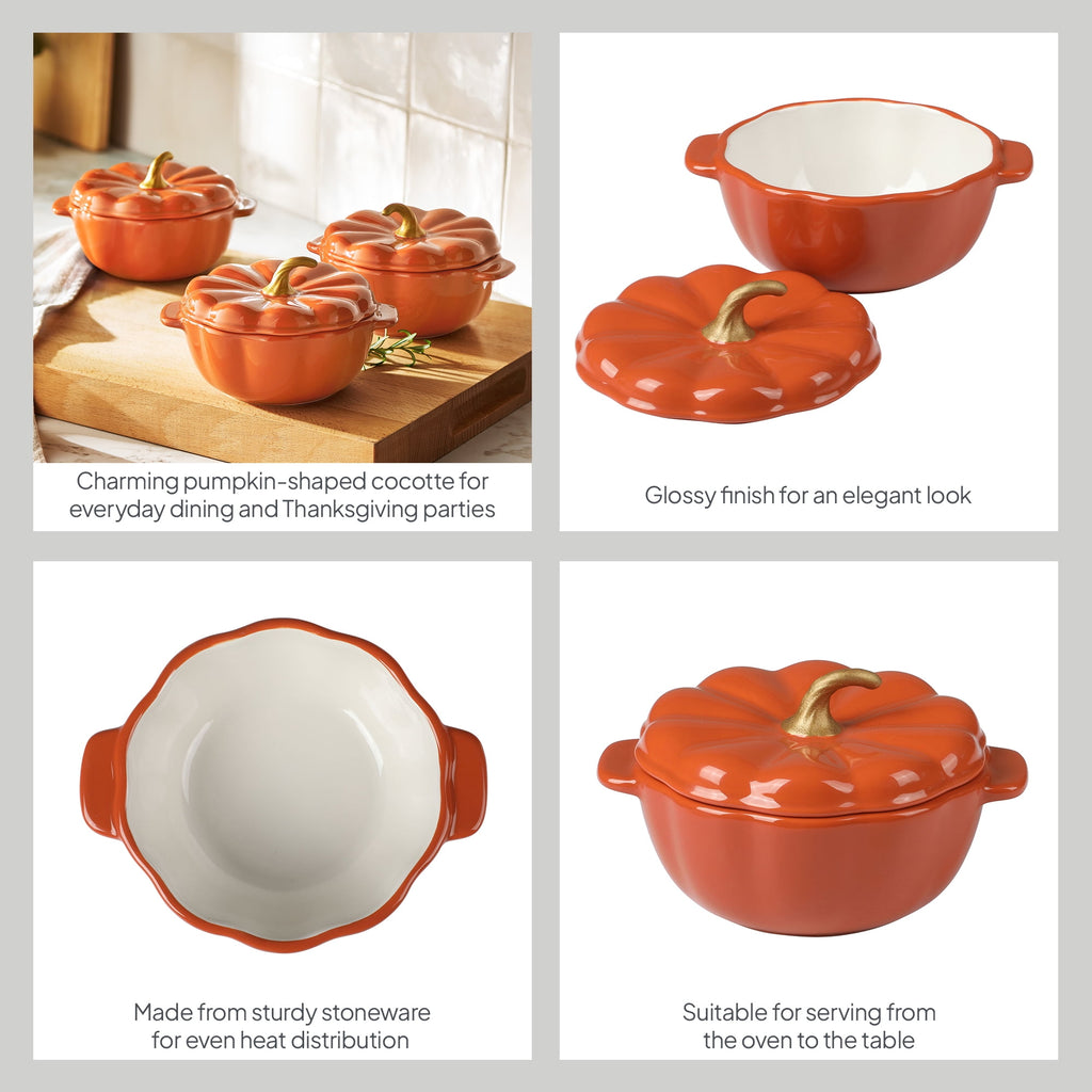 The Pioneer Woman 0.5 Qt Pumpkin Stoneware Mini Cocottes Set with Side Handles, Linen Finish, Set of 3