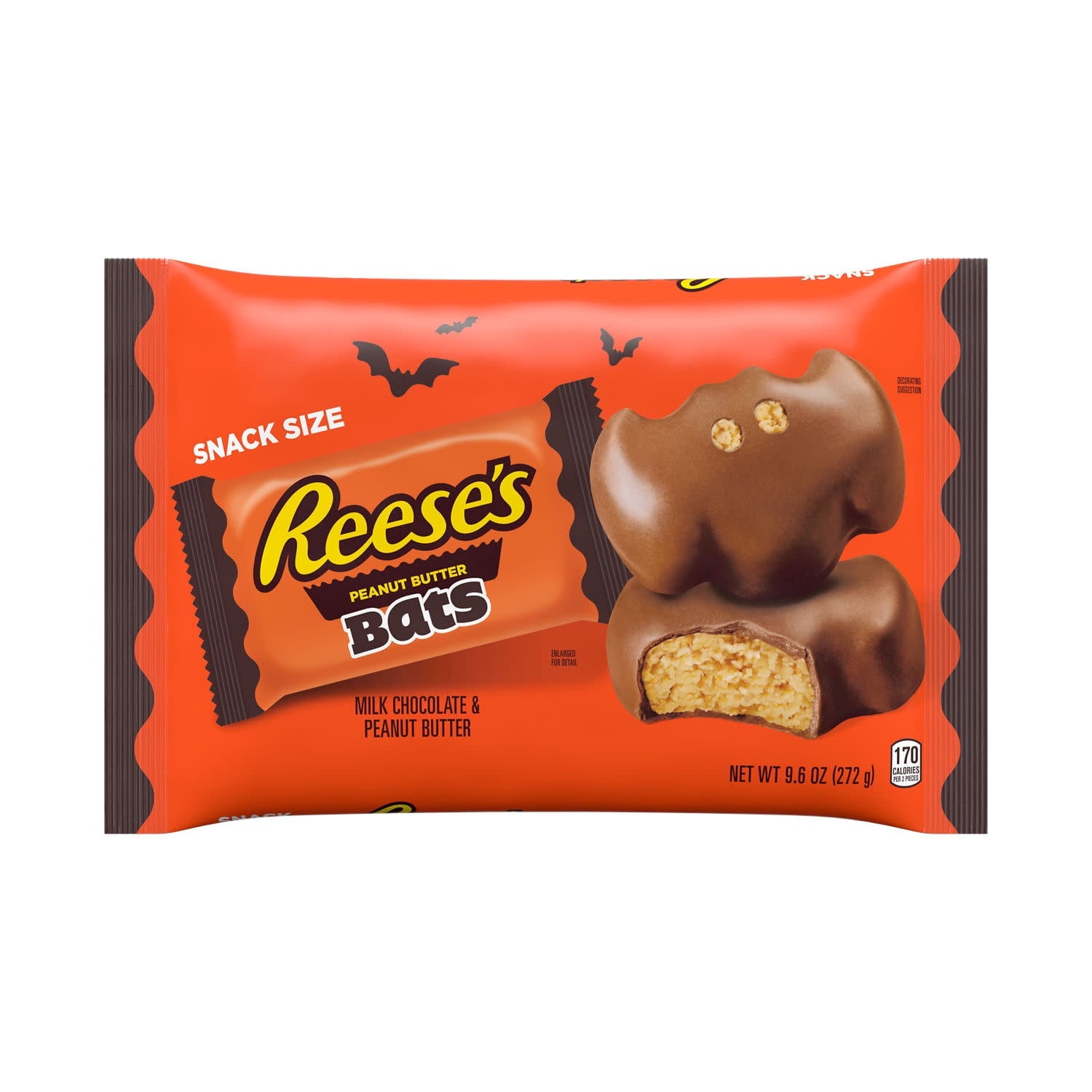 REESE'S Milk Chocolate Snack Size Peanut Butter Bats, Halloween Candy Bag, 9.6 oz