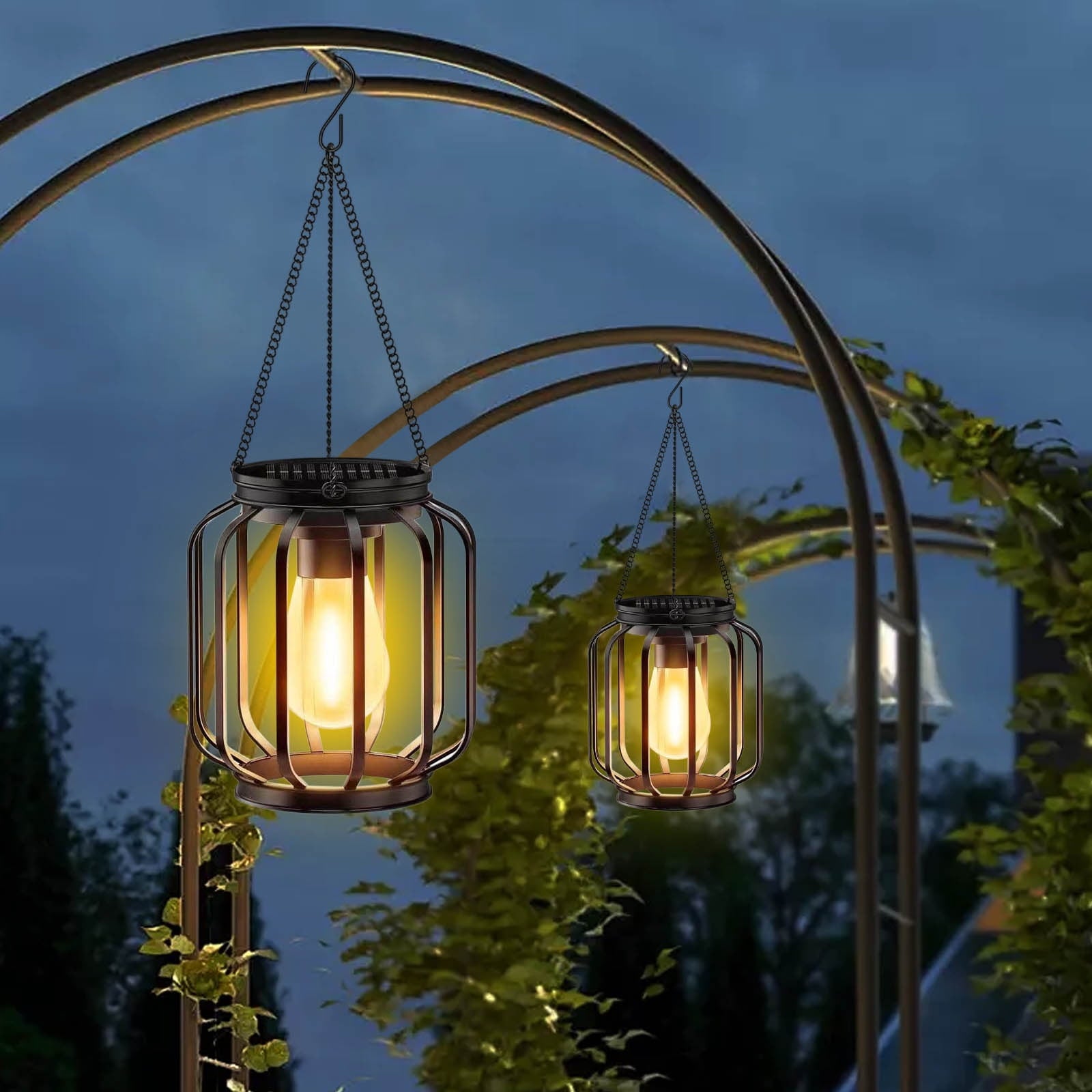 AUHomi Solar Hanging Lanterns, 2 Pack Metal Solar Hanging Lights with Hook, Bright Waterproof LED Lanterns for Outdoor, Classic Decorative Solar-Powered Light for Yard Garden Patio Porch