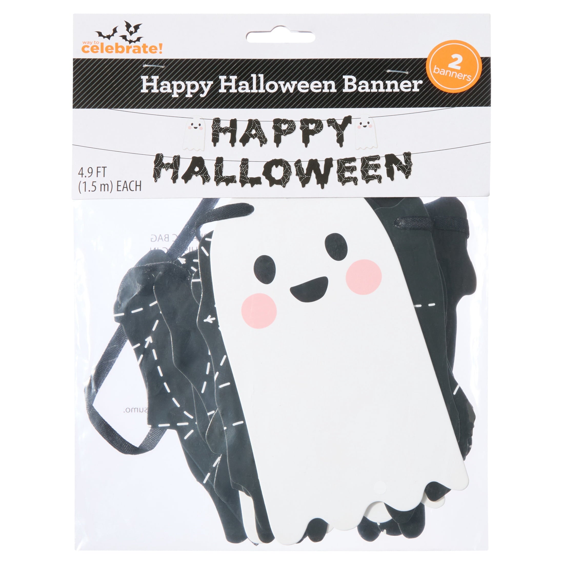 Happy Halloween Ghost Paper Banner Decoration, Black and White, 4.9', Halloween by Way To Celebrate
