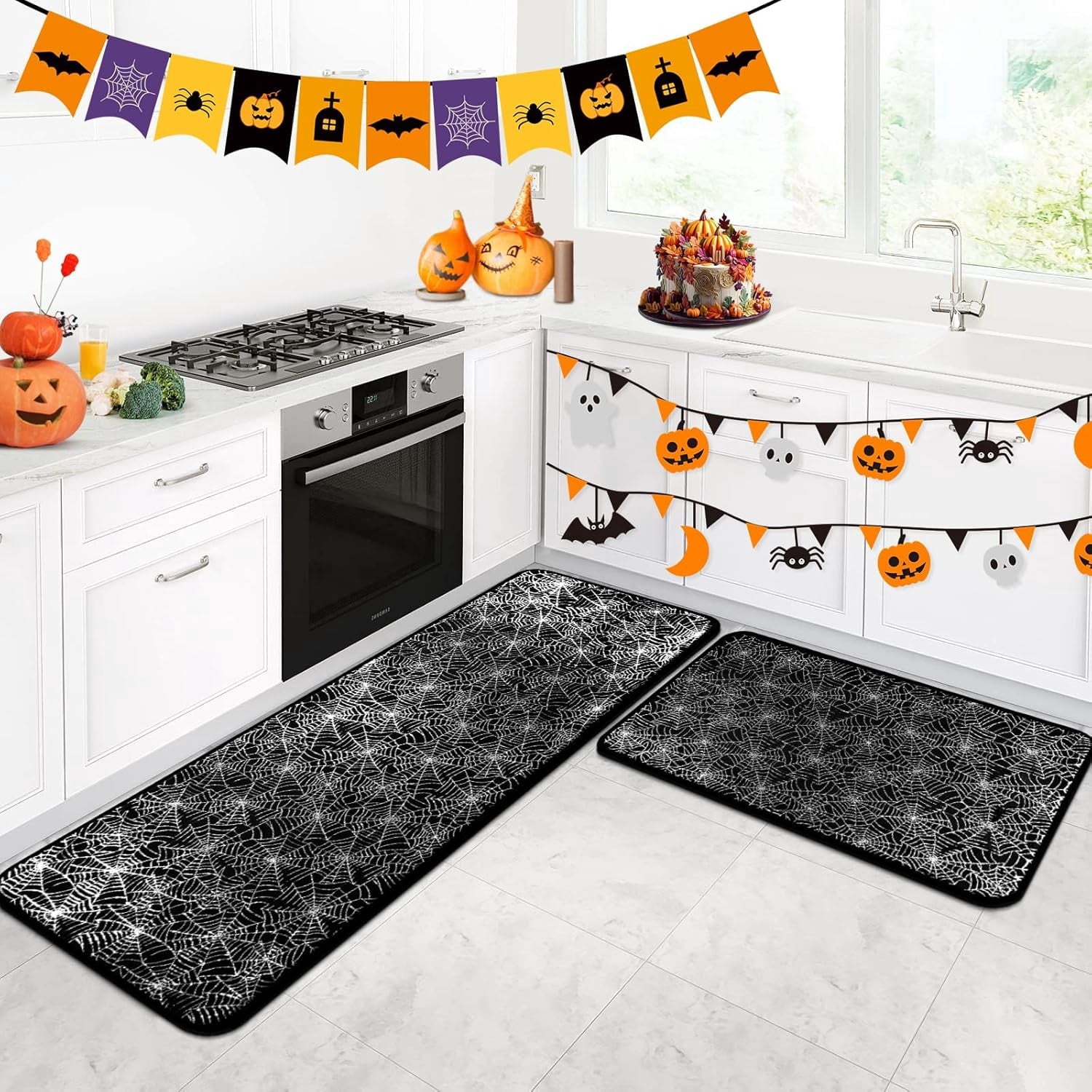 Halloween Kitchen Rugs Set of 2, Cushioned Anti-Fatigue Kitchen Mats for Floor, Spider Web Kitchen Mats, Non-Slip Waterproof Kitchen Floor Mat Washable for Kitchen, Home, Office, Laundry